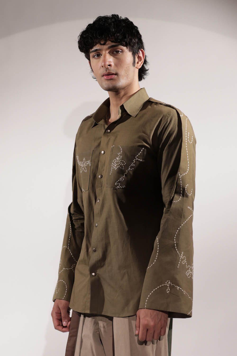 Olive Linen Handwritten Kantha Shirt