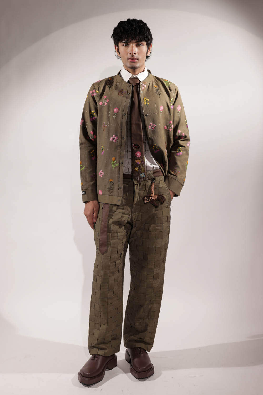 Olive linen jacket with floral embroidery