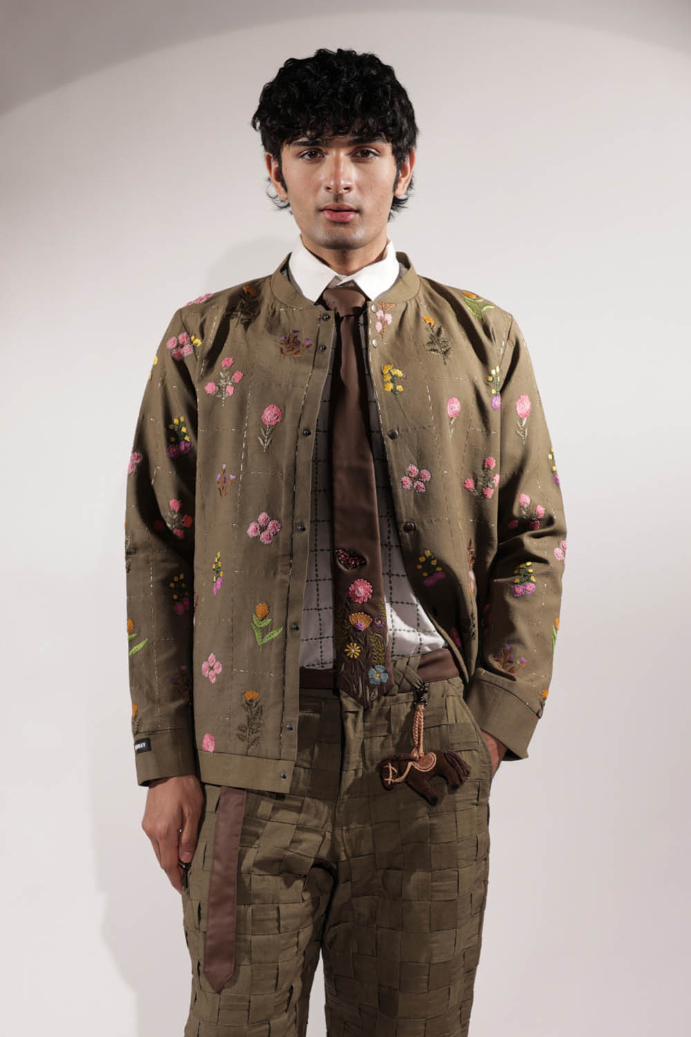 Olive linen jacket with floral embroidery