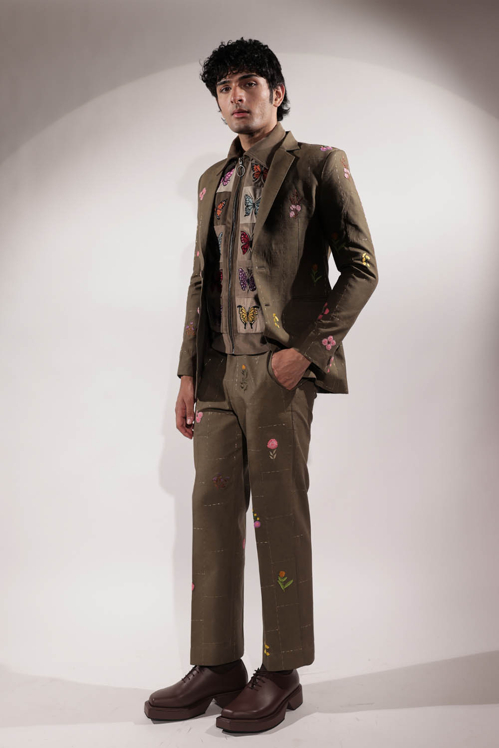 Olive Linen Pants with floral embroidery