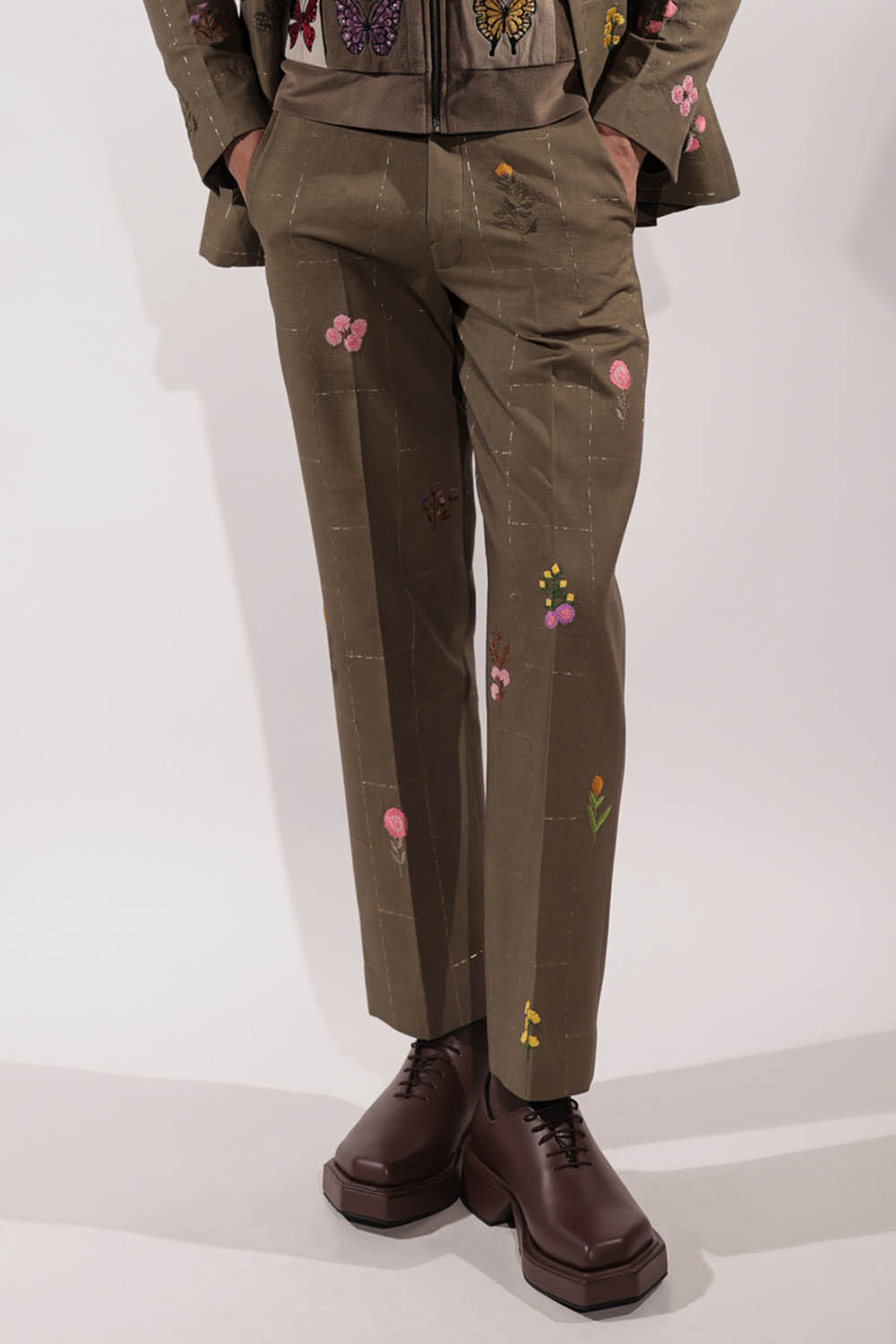 Olive Linen Pants with floral embroidery