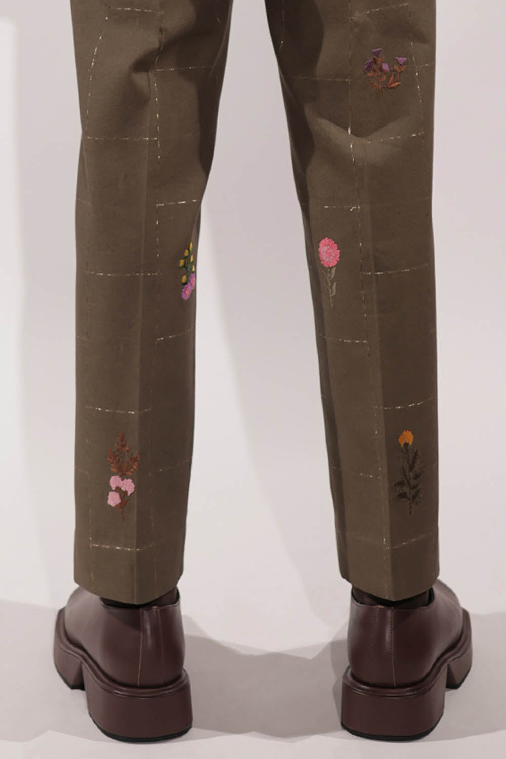 Olive Linen Pants with floral embroidery