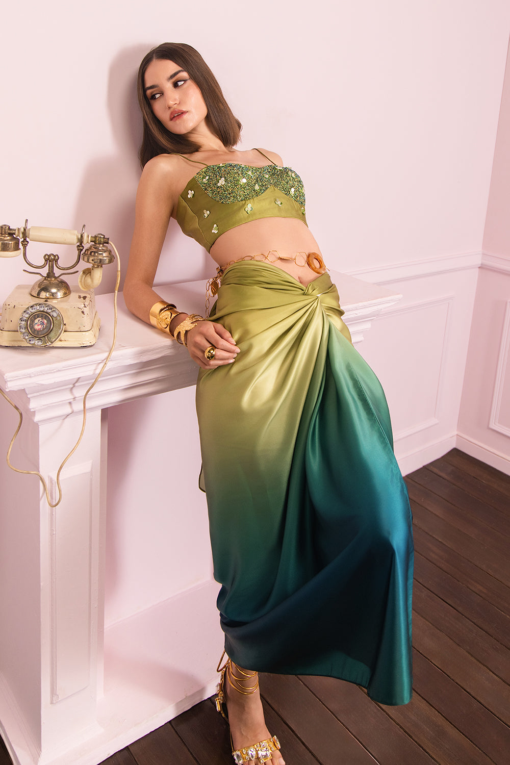 Olive Ombre Drape Skirt Set