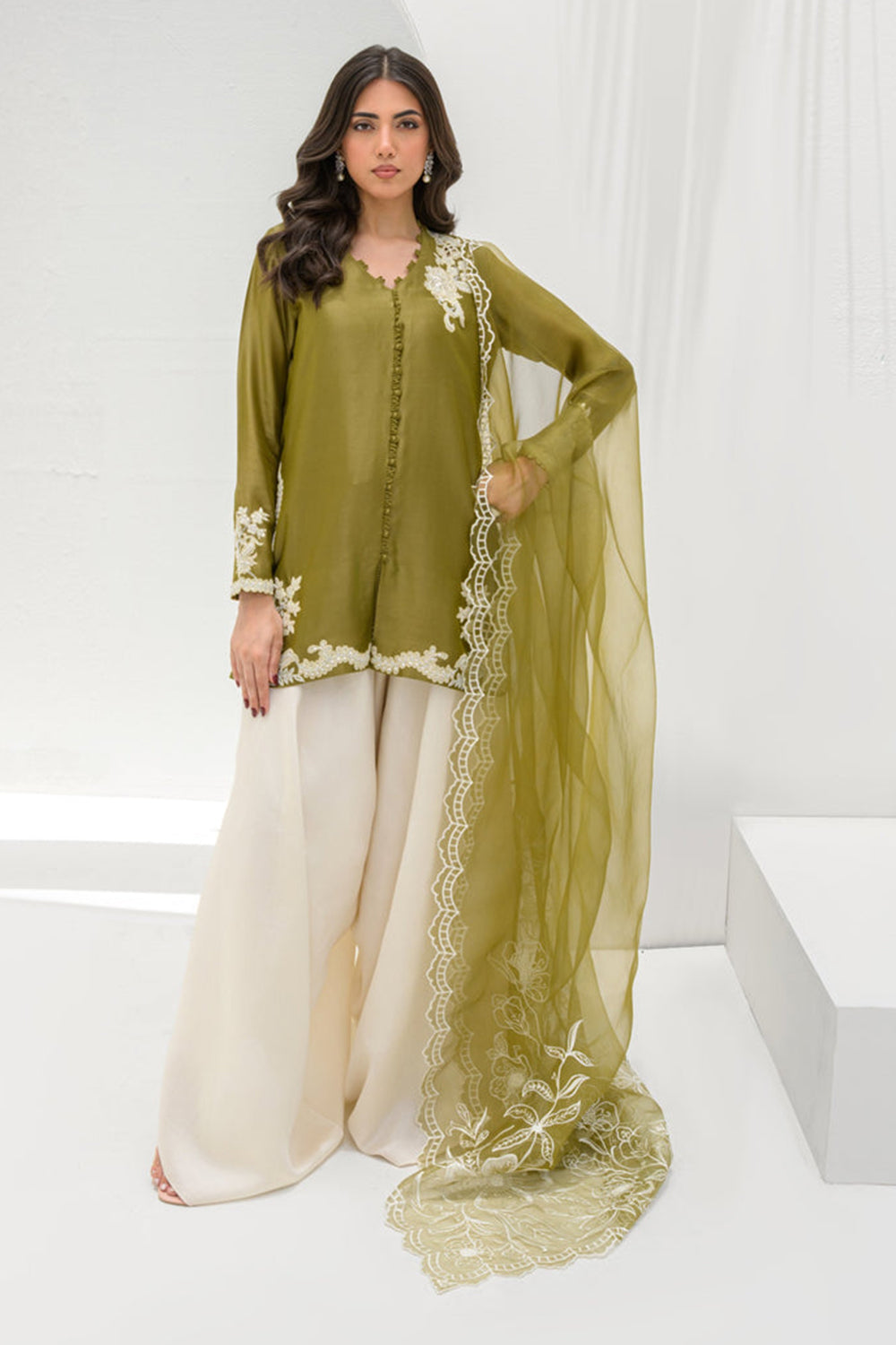 Olive Silk Embroidered Kurta Palazzo Suit Sets