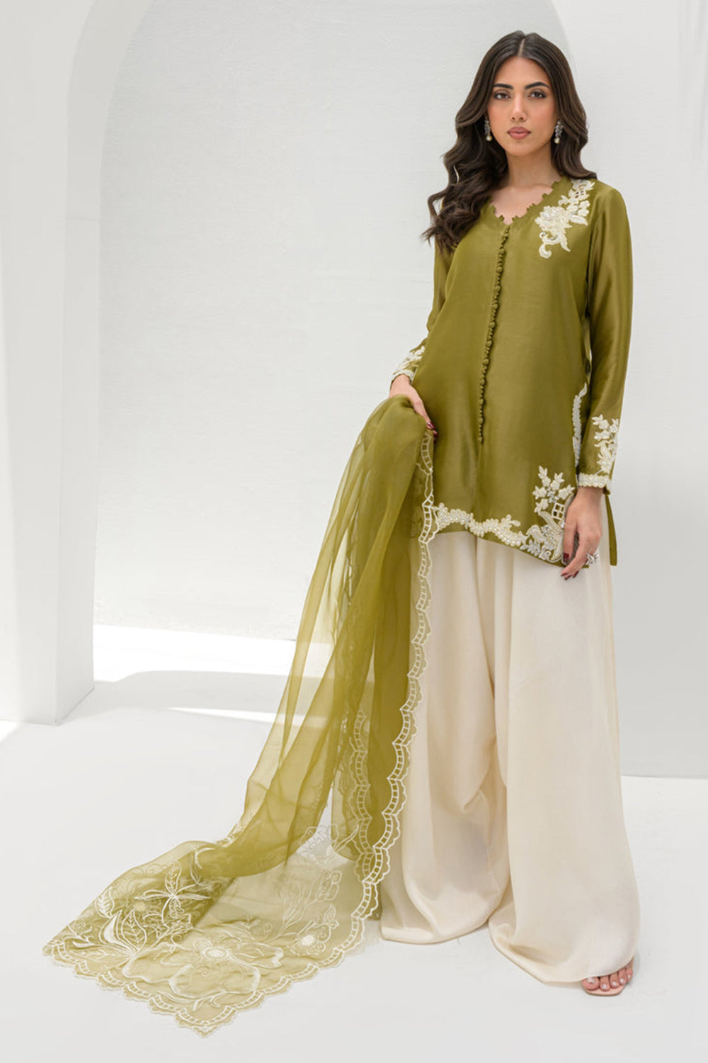 Olive Silk Embroidered Kurta Palazzo Suit Sets