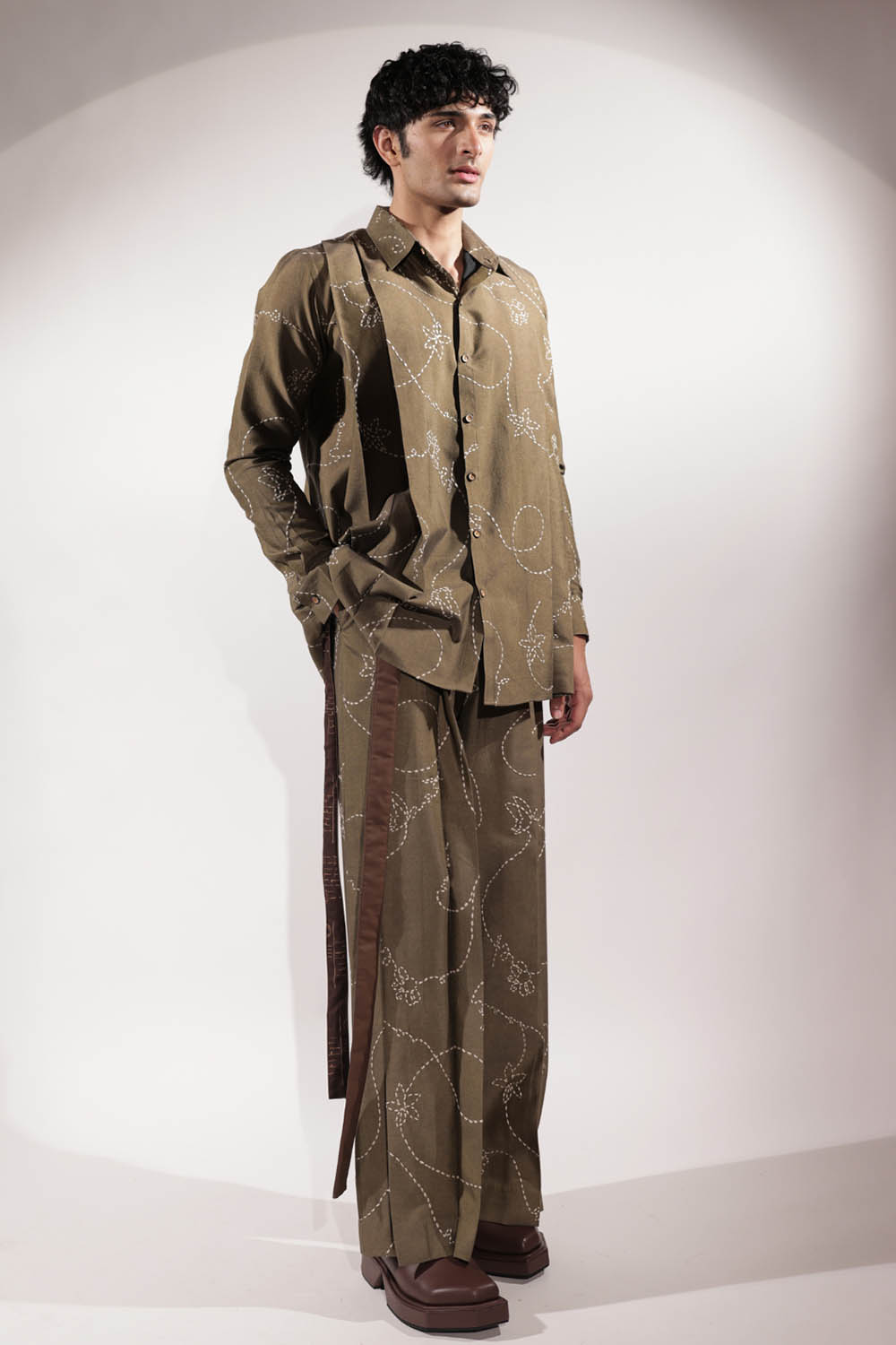 Olive Wide Leg Kantha Embroidered Pants