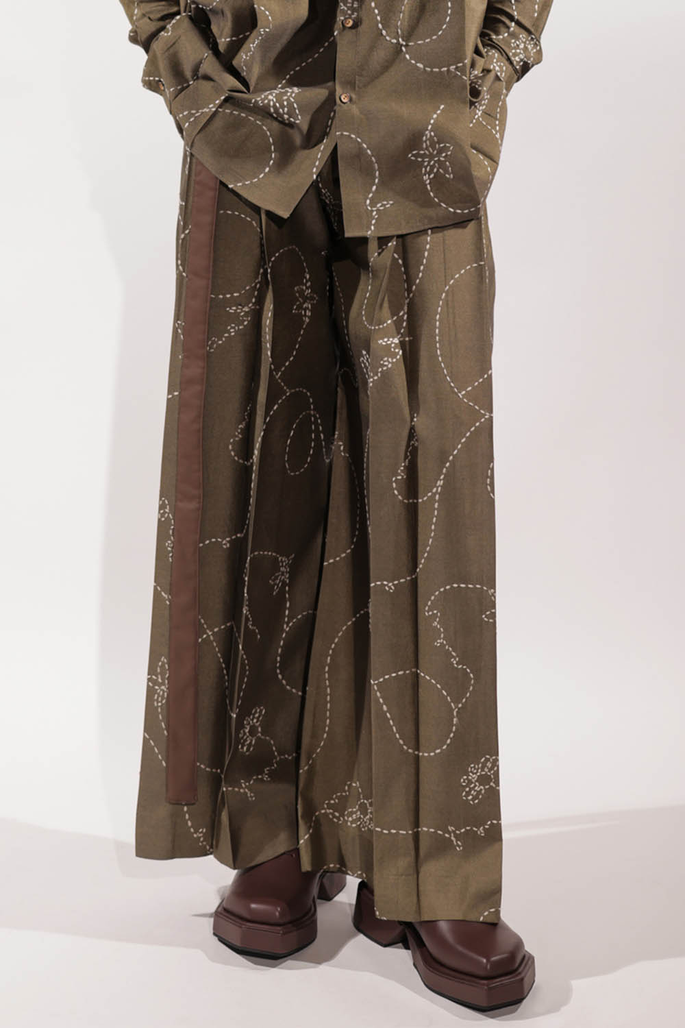 Olive Wide Leg Kantha Embroidered Pants