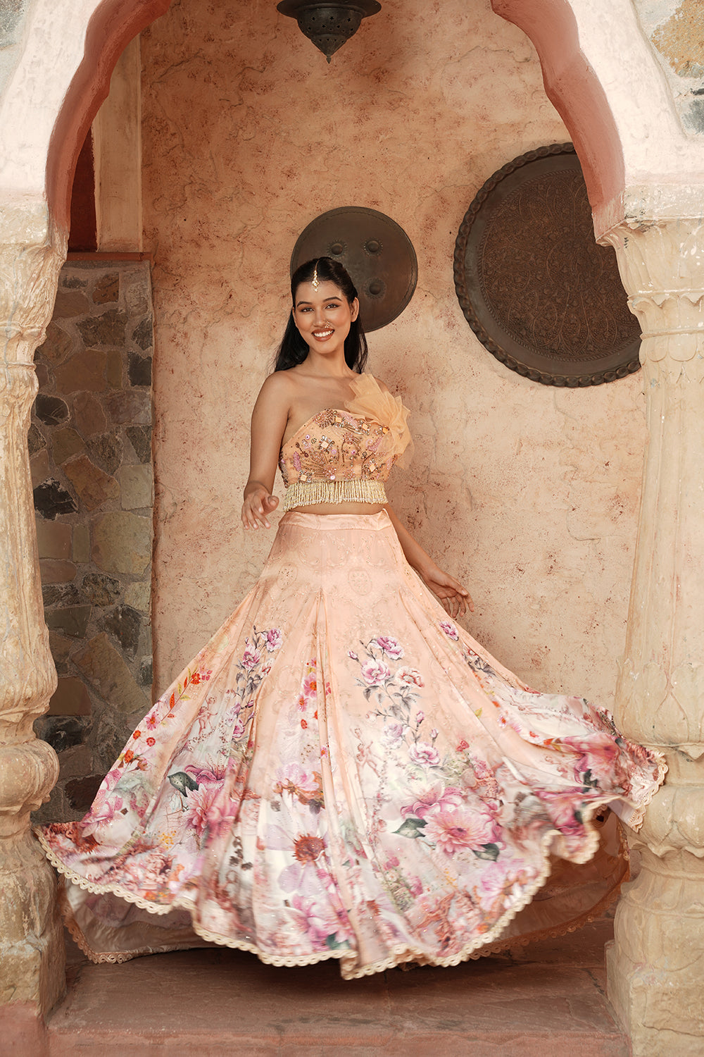 One Shoulder Elegant Soft Blush Floral Lehenga Set