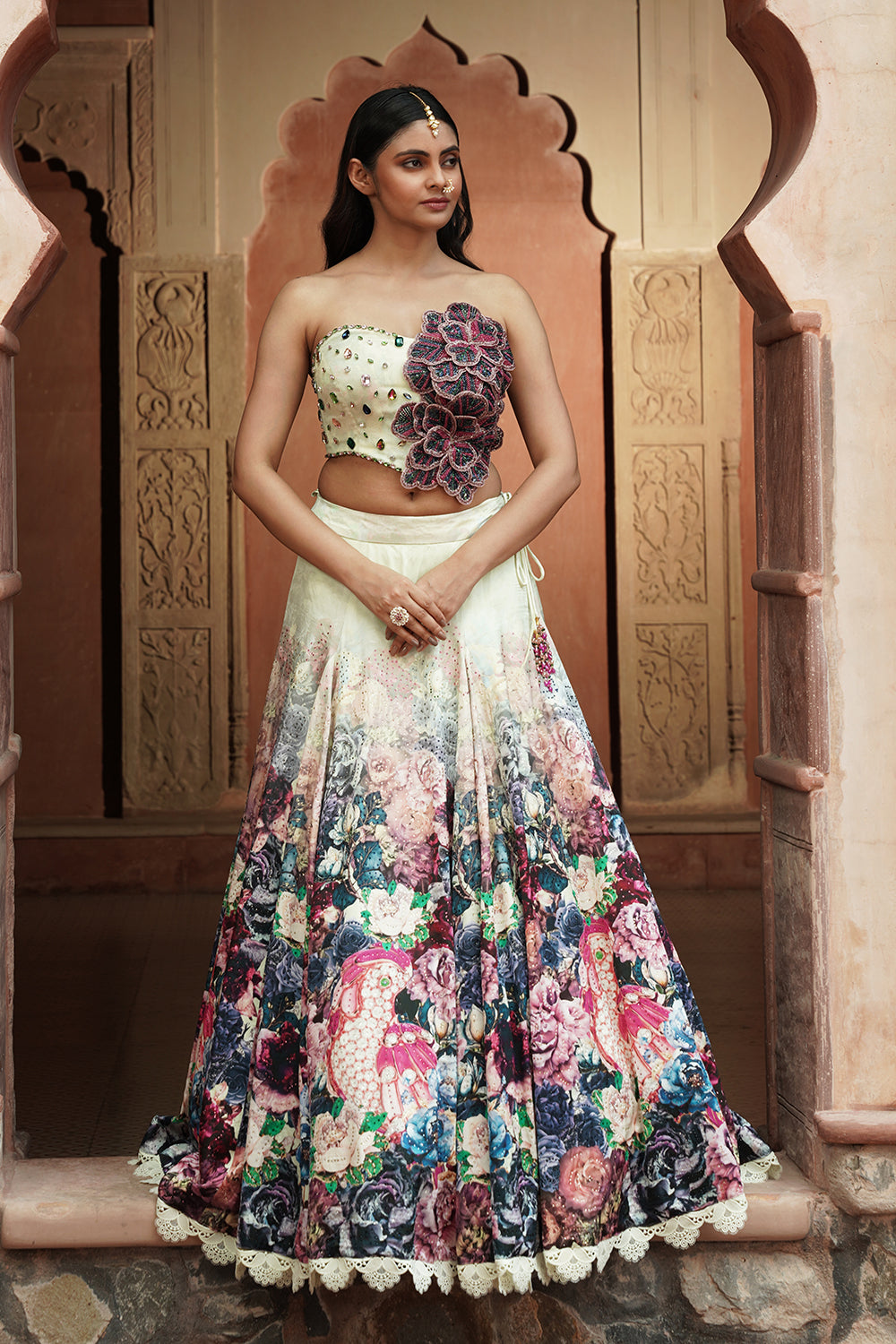 One Shoulder Floral Pastel Designer Lehenga Set