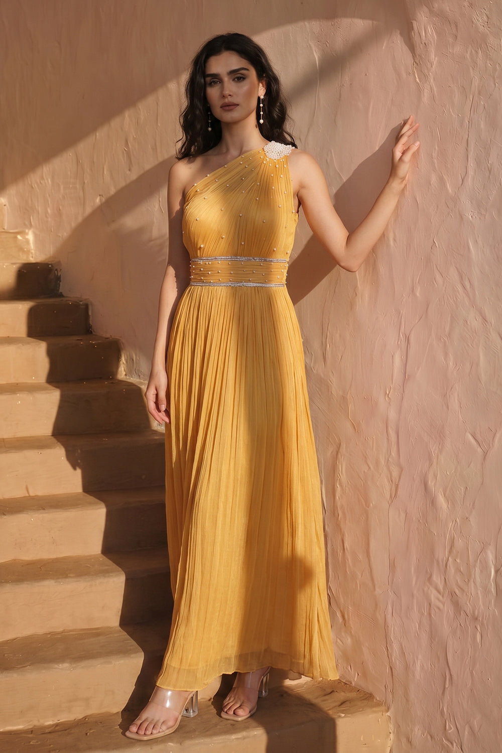 One-shoulder Pleated Gown - Marigold