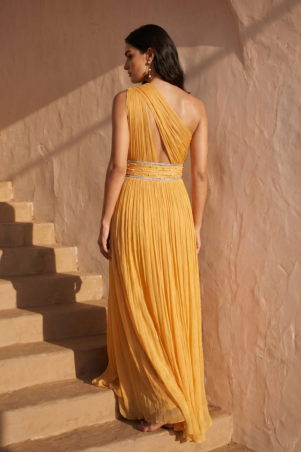 One-shoulder Pleated Gown - Marigold