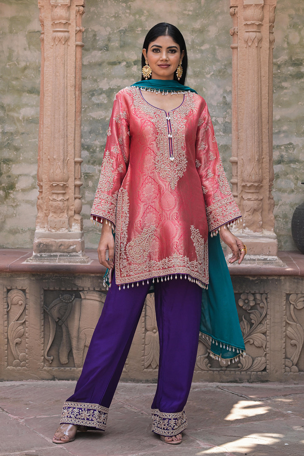 Orange Brocade 3D Kurti Pant Set Indian Designer Wear