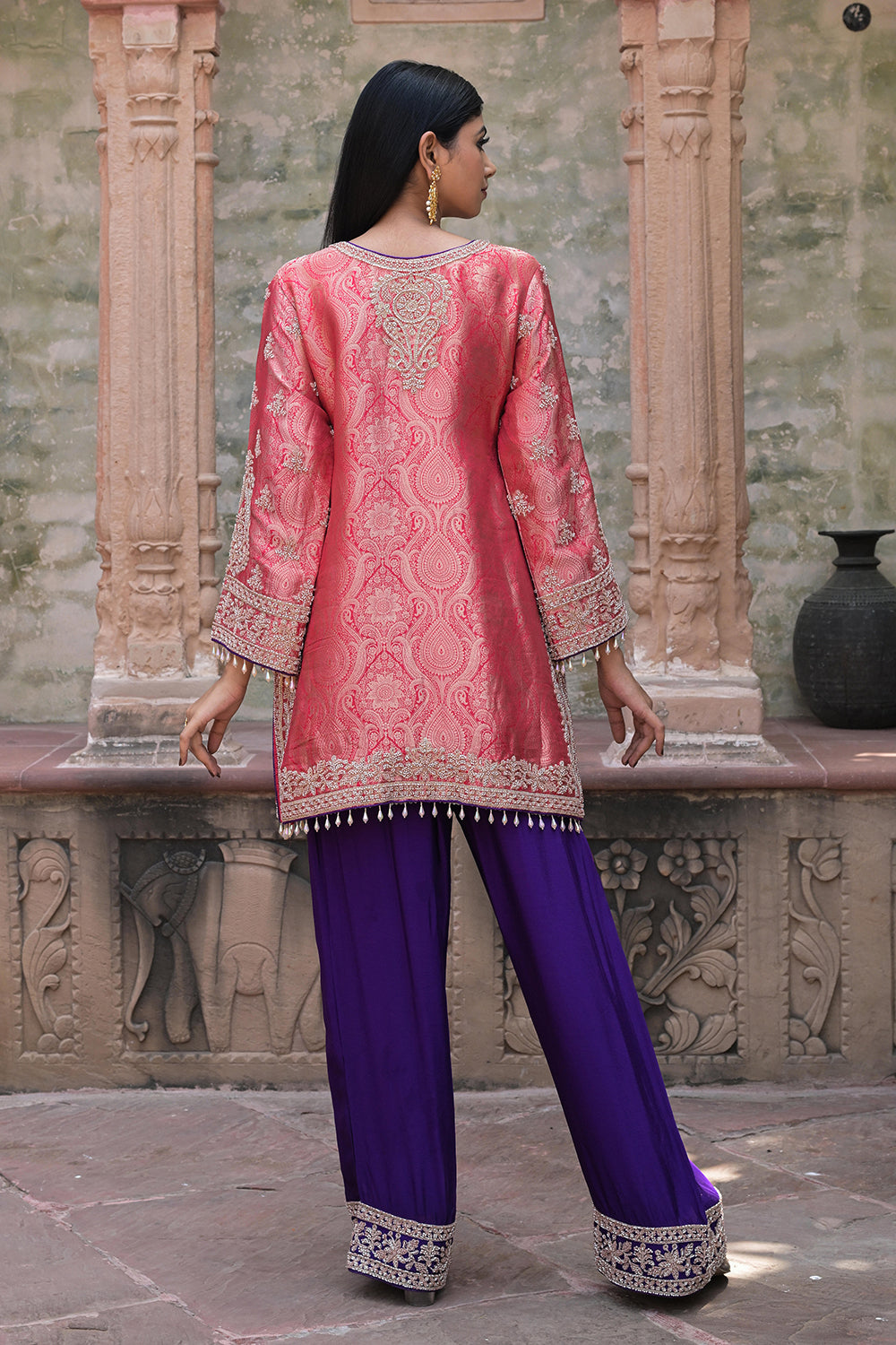 Orange Brocade 3D Kurti Pant Set Indian Designer Wear