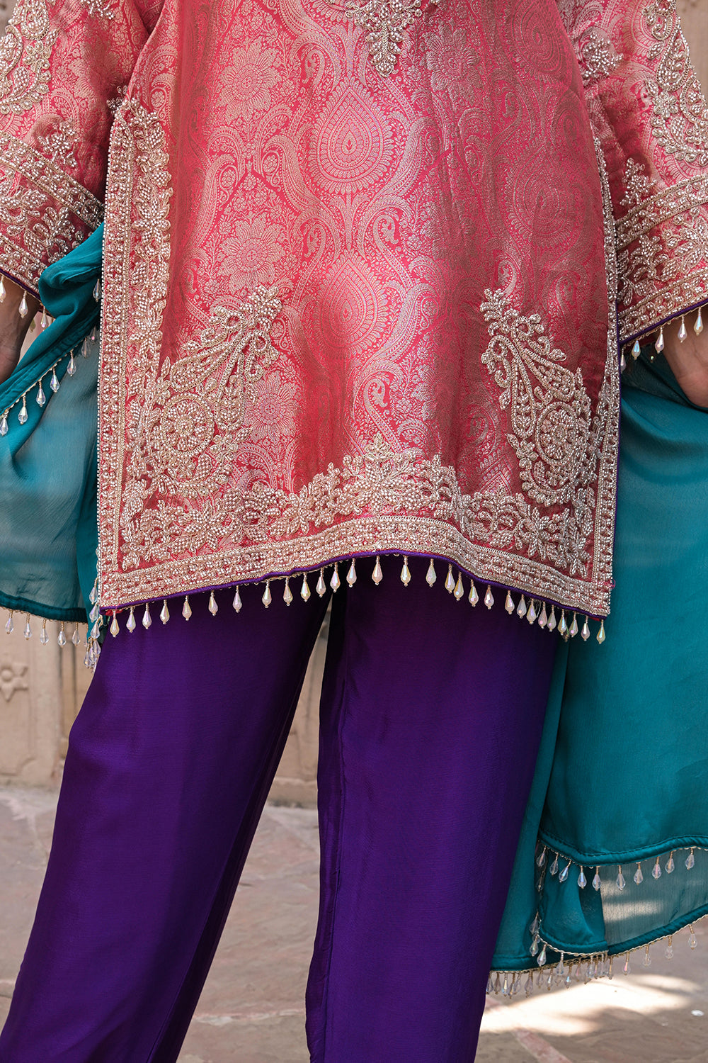 Orange Brocade 3D Kurti Pant Set Indian Designer Wear