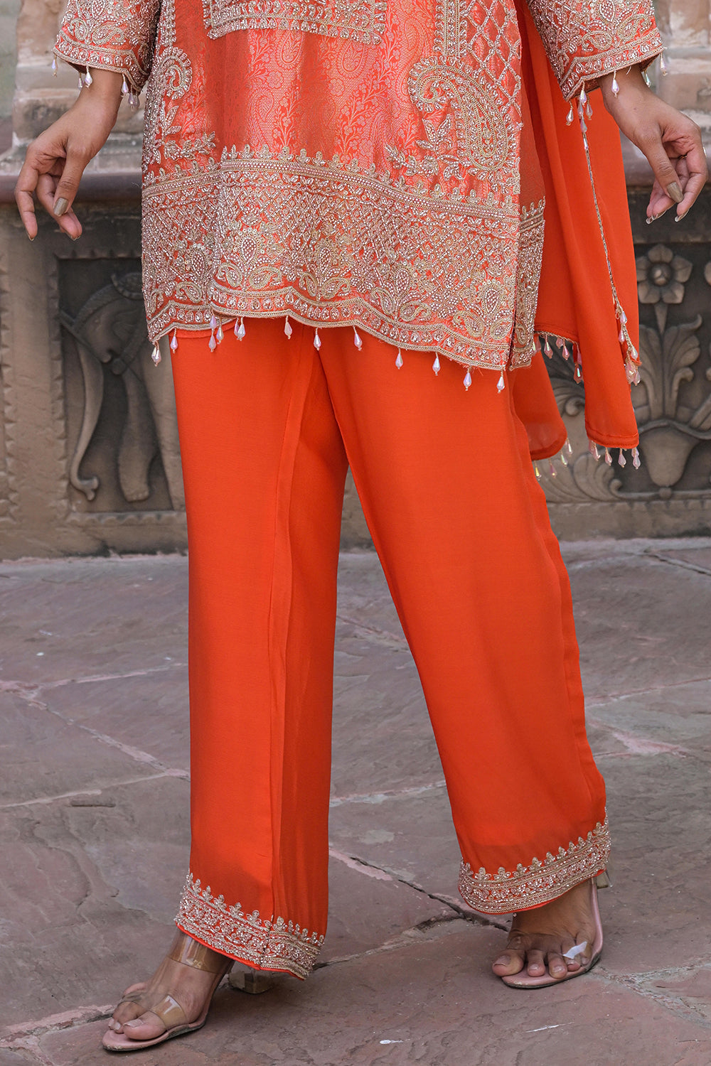 Orange Brocade Kurti Pant Set Designer Indian Ethnic Wear