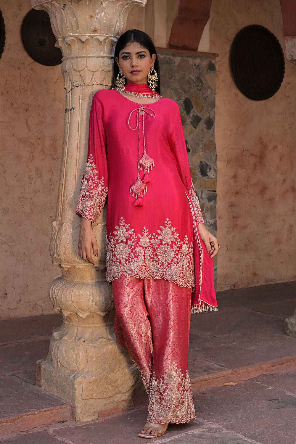 Orange Brocade Kurti Pant Set Festival Ready Indian Party Outfit