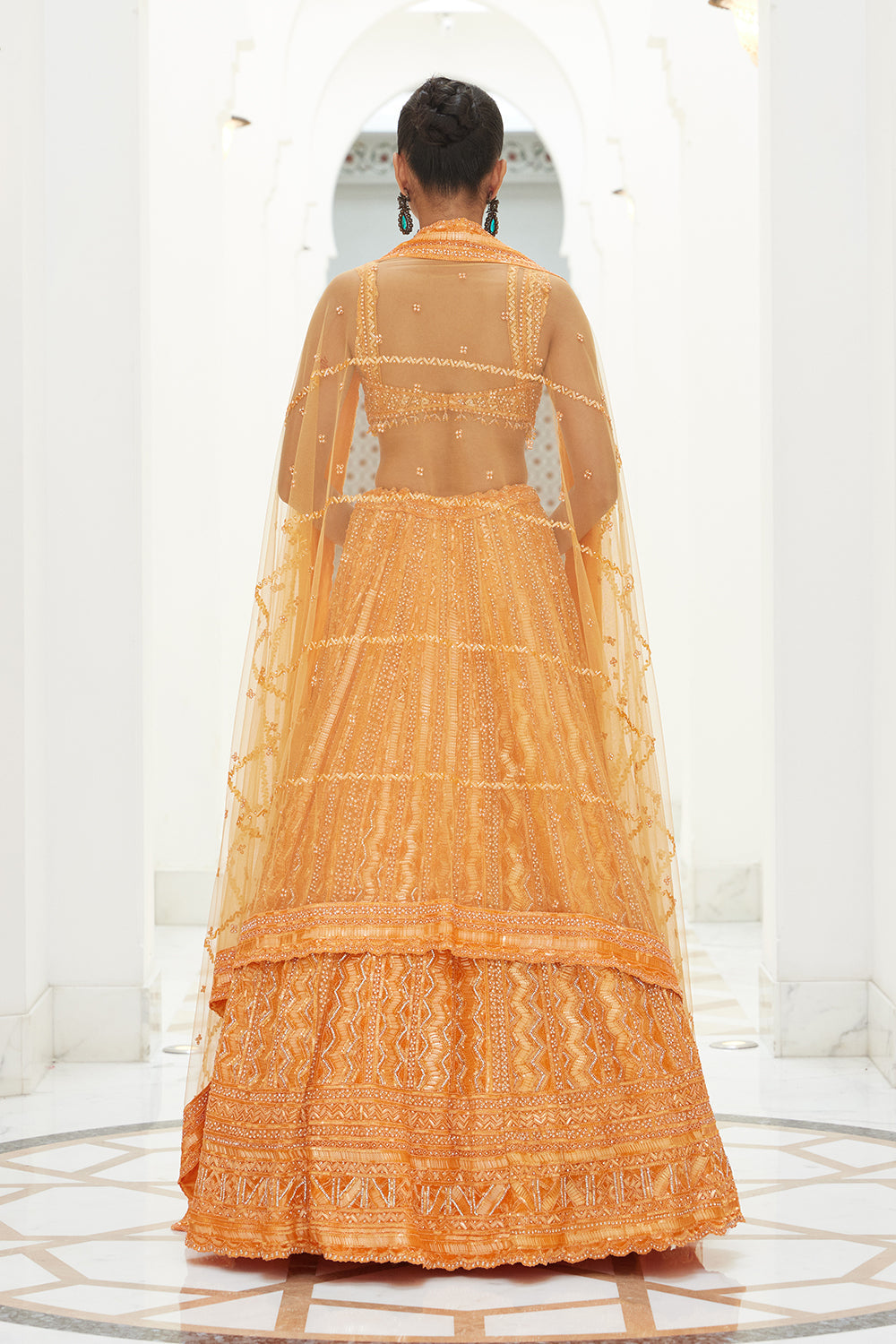 Orange Net Lehenga Choli Dupatta Set