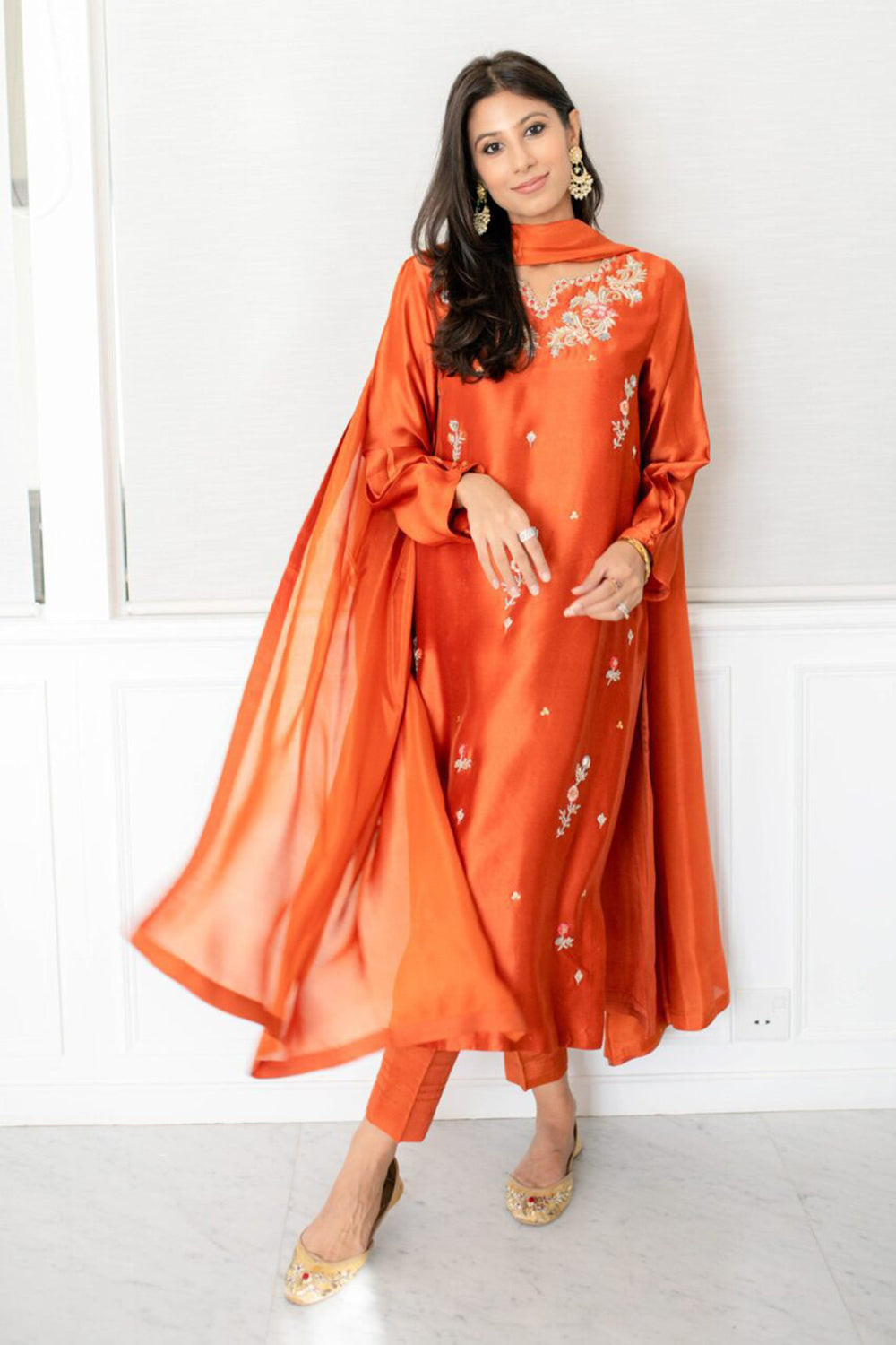 Orange Silk Embroidered Tulip Pants Co-Ord Sets