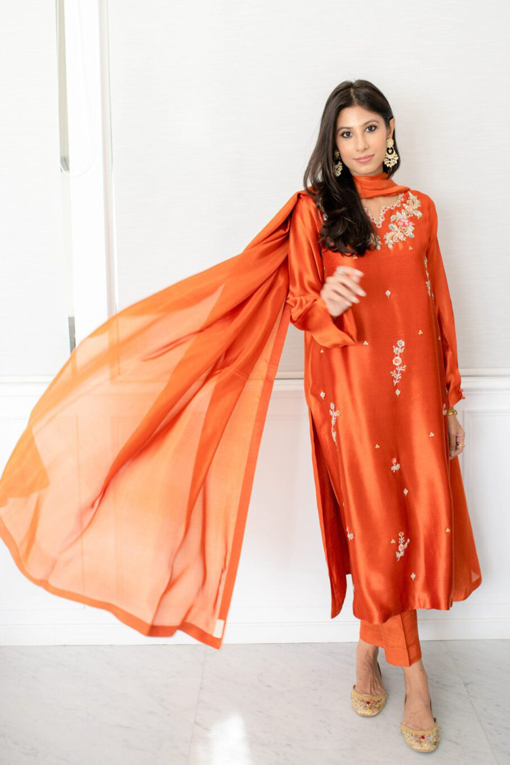 Orange Silk Embroidered Tulip Pants Co-Ord Sets