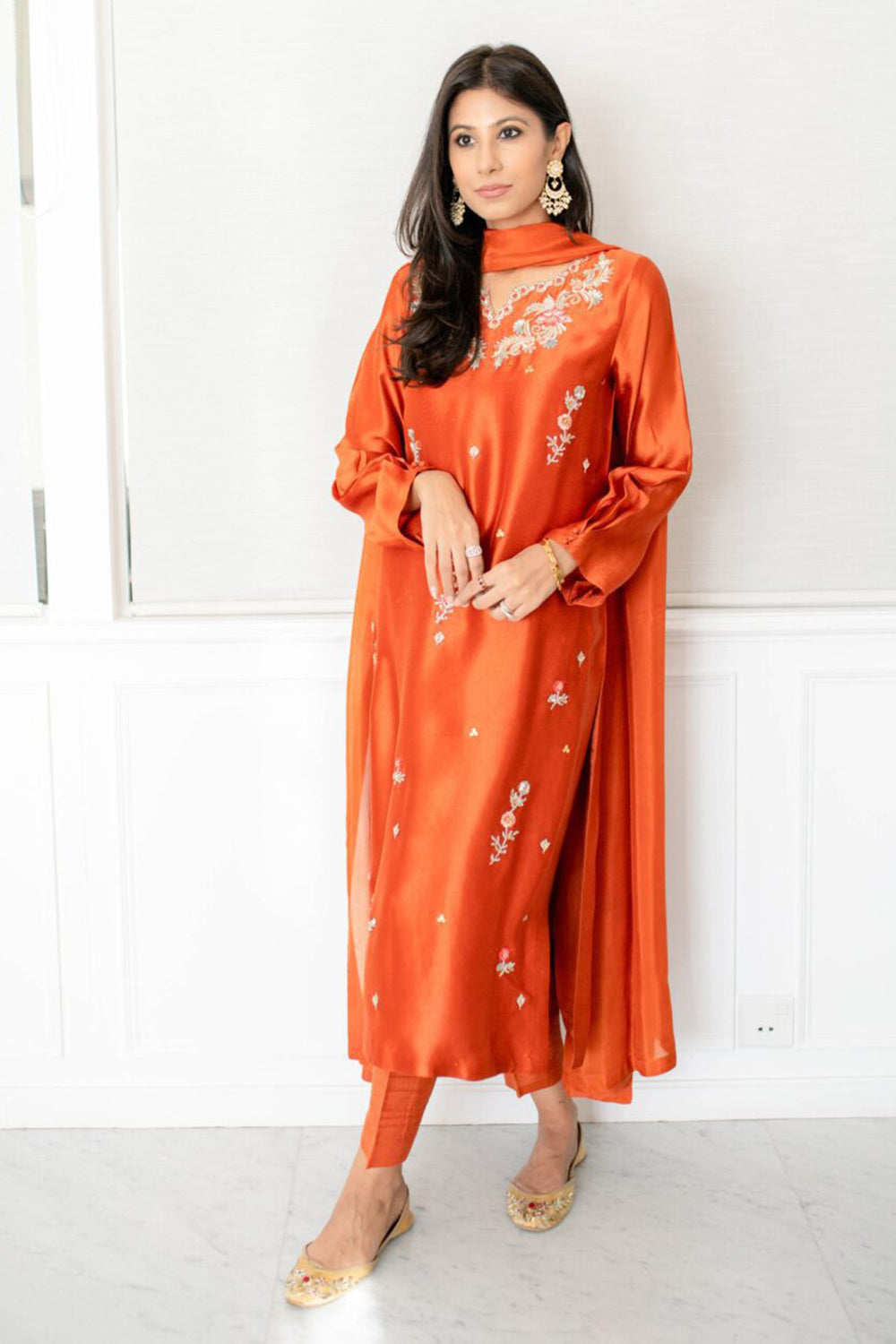 Orange Silk Embroidered Tulip Pants Co-Ord Sets
