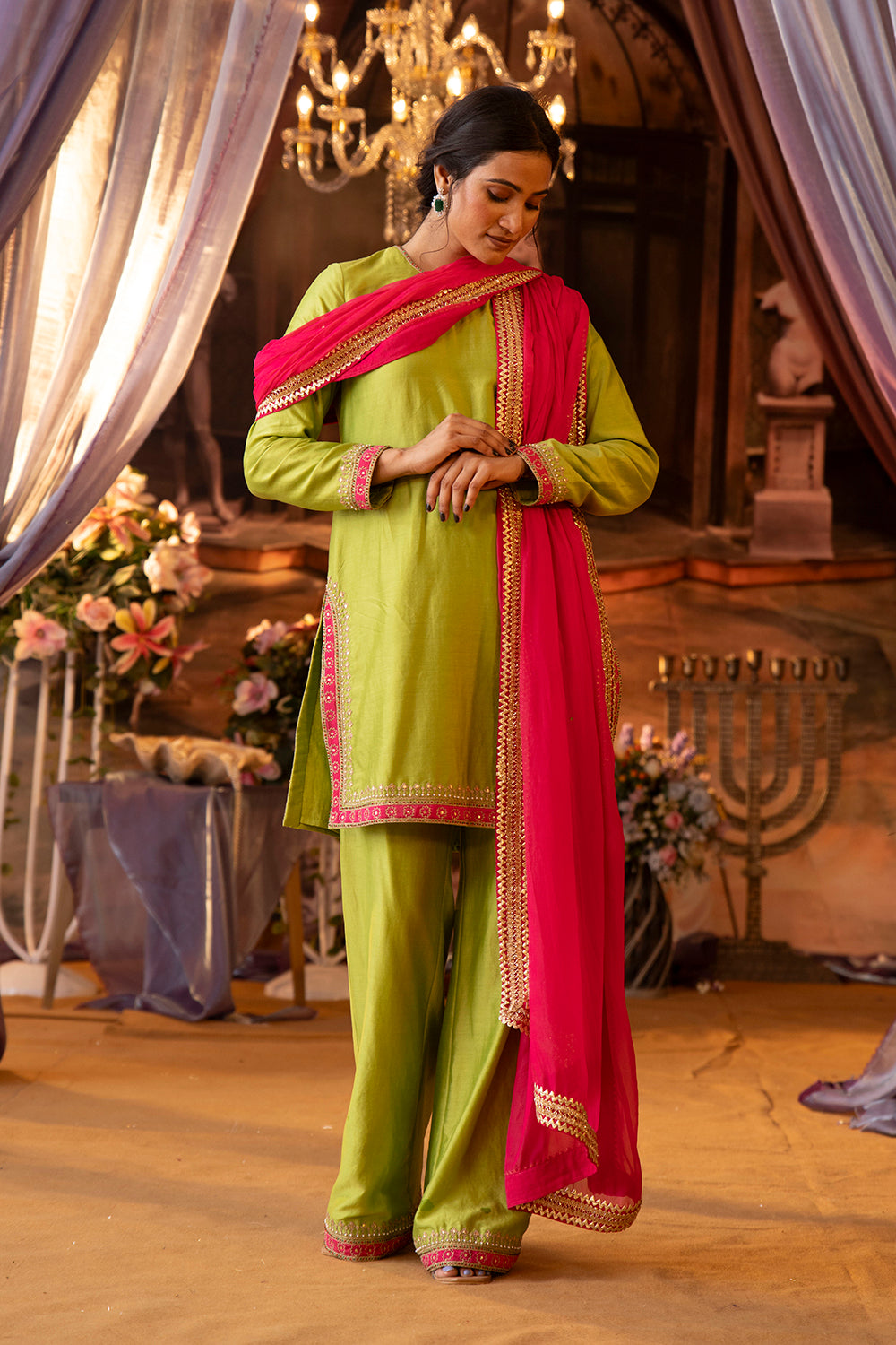 Parrot Green And Magenta Suit Set