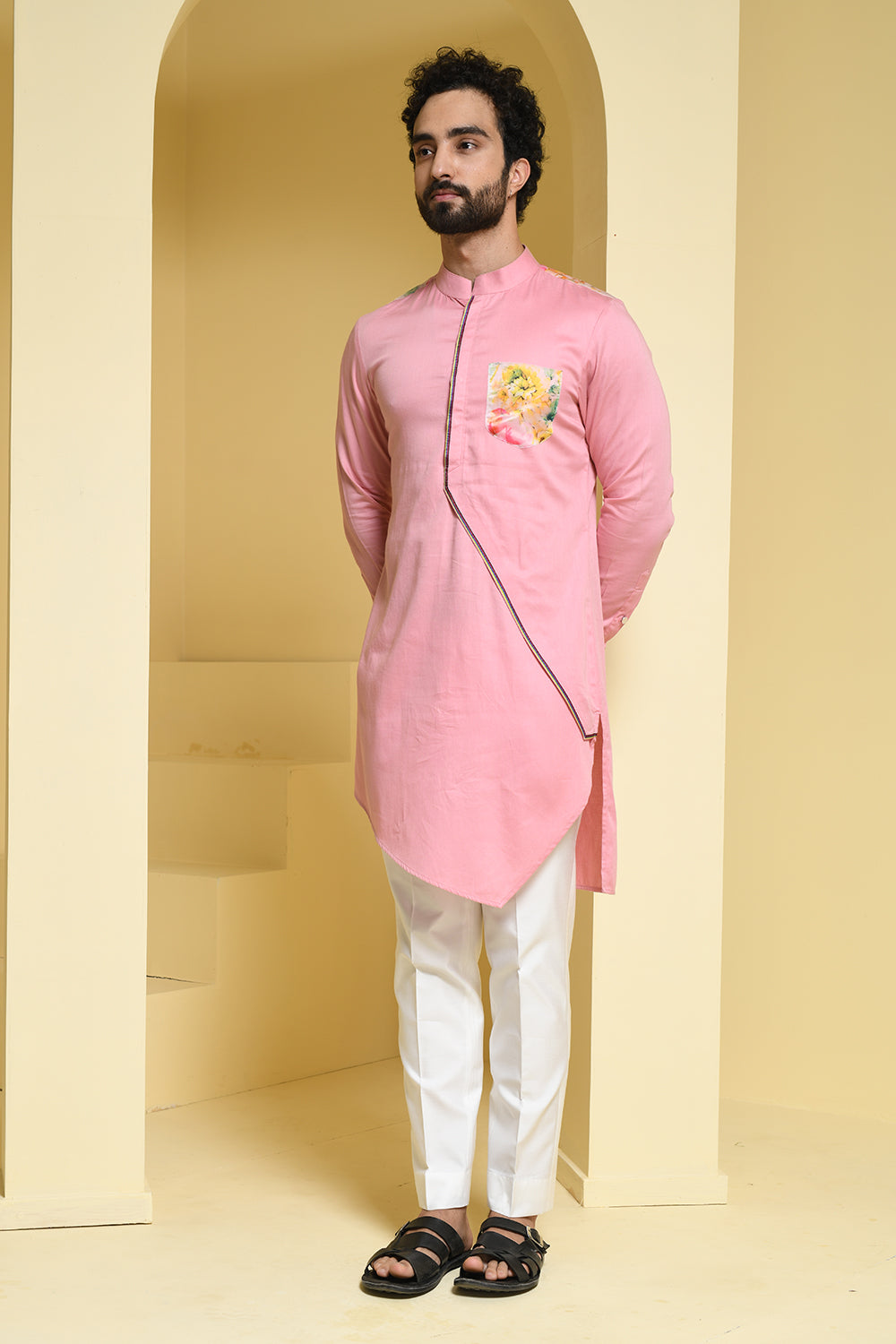Pastel asymmetrical Kurta with Organza Details
