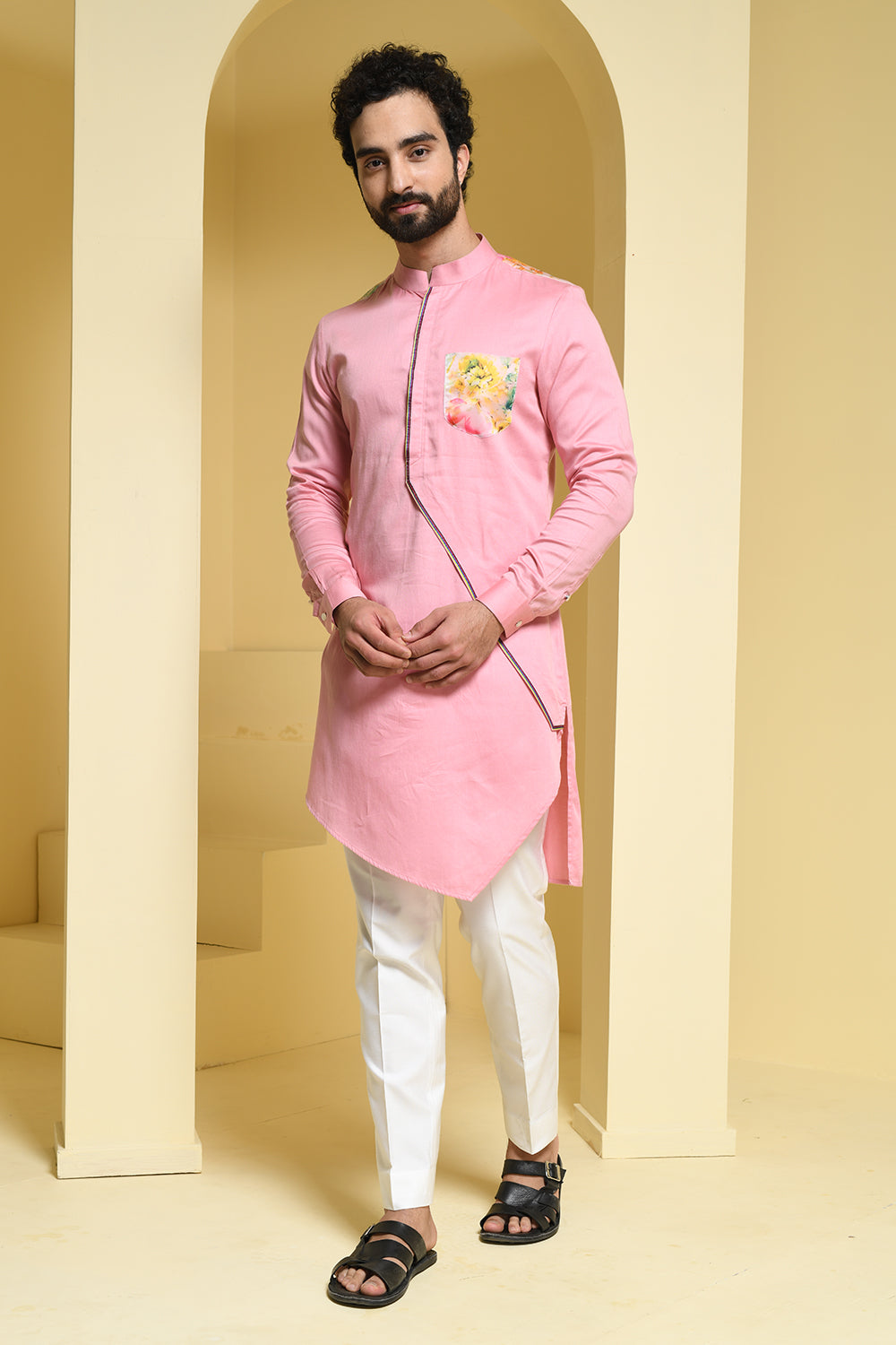 Pastel asymmetrical Kurta with Organza Details