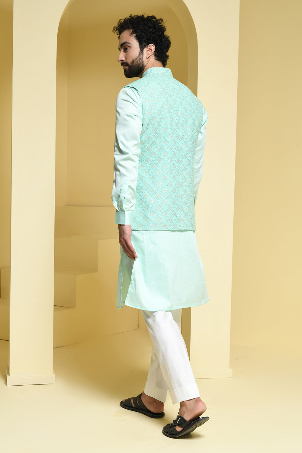 Pastel green Kurta Pants with complimenting silk jacket