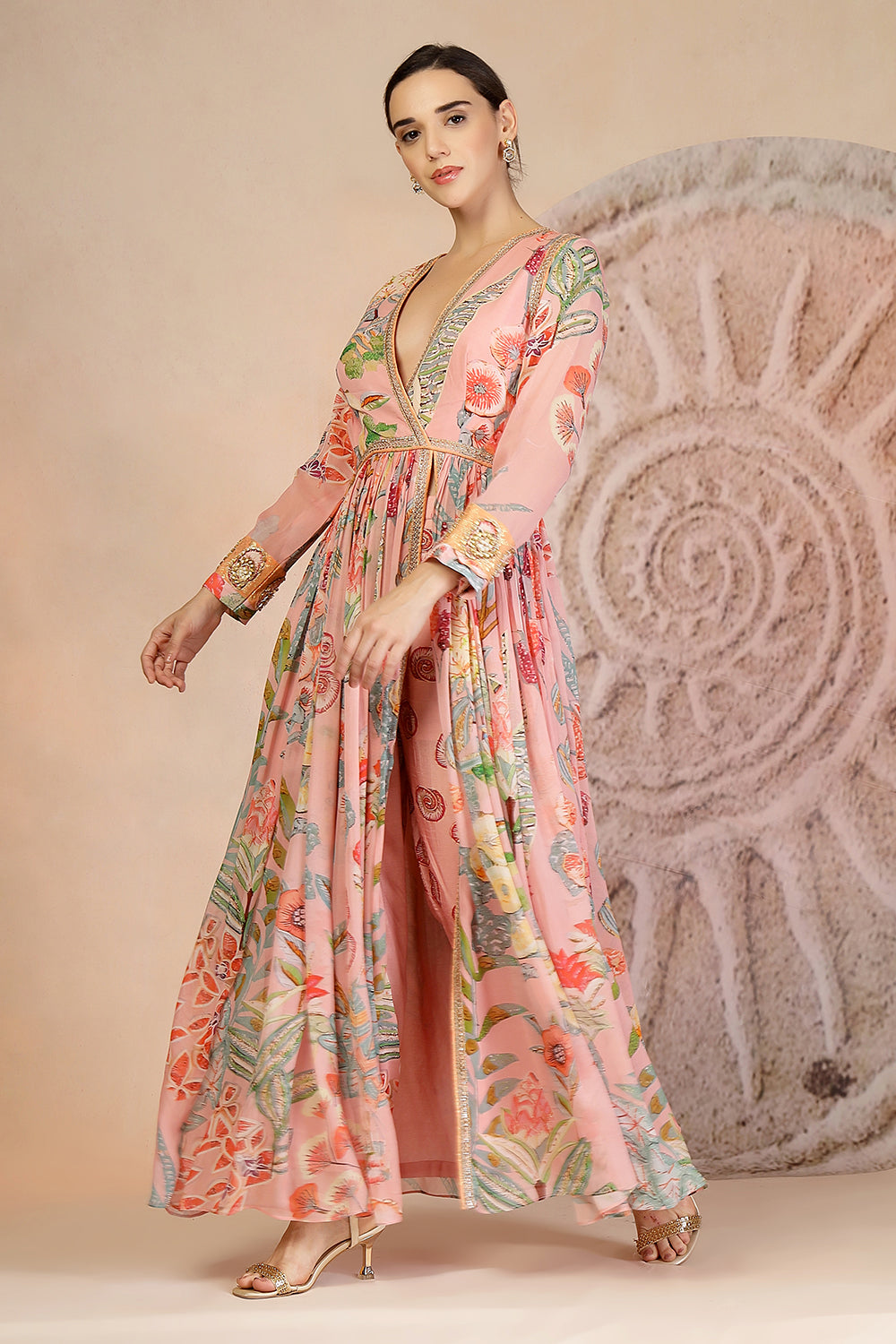 Pastel Pink Anarkali Kurta Set with Coral Print Pants & Embroidery