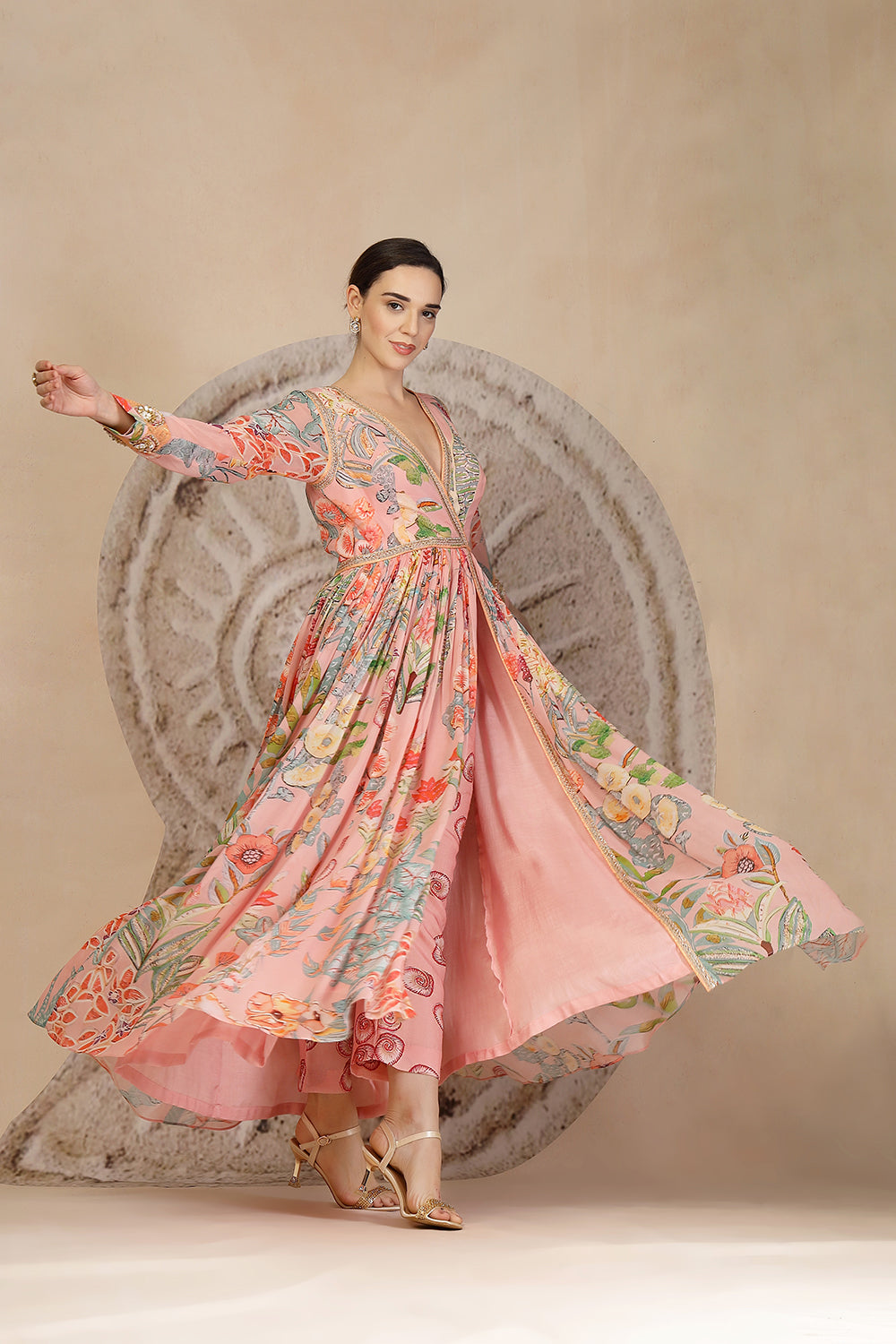 Pastel Pink Anarkali Kurta Set with Coral Print Pants & Embroidery