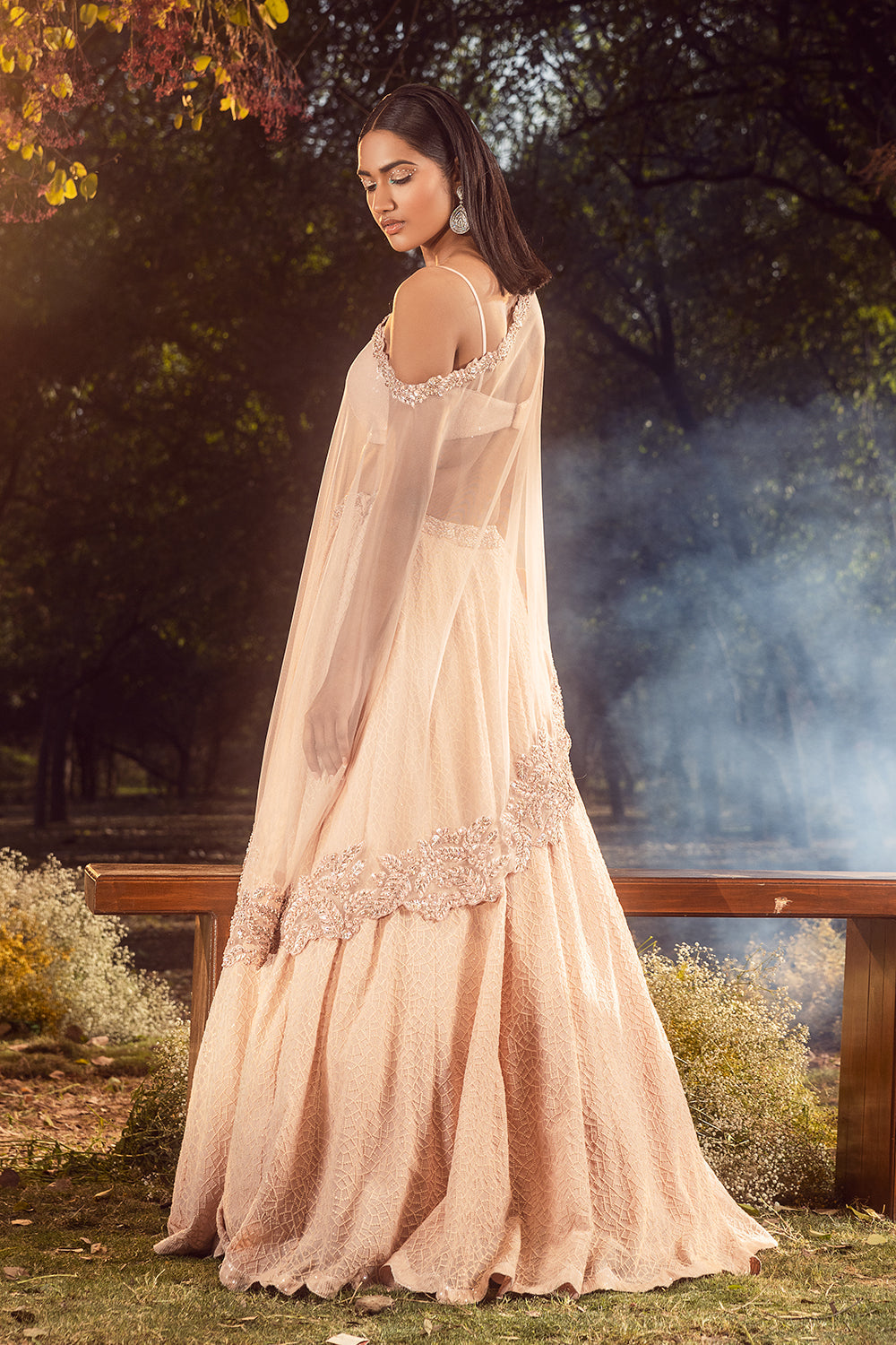 Peach Lehenga Set With Cape And Bustier