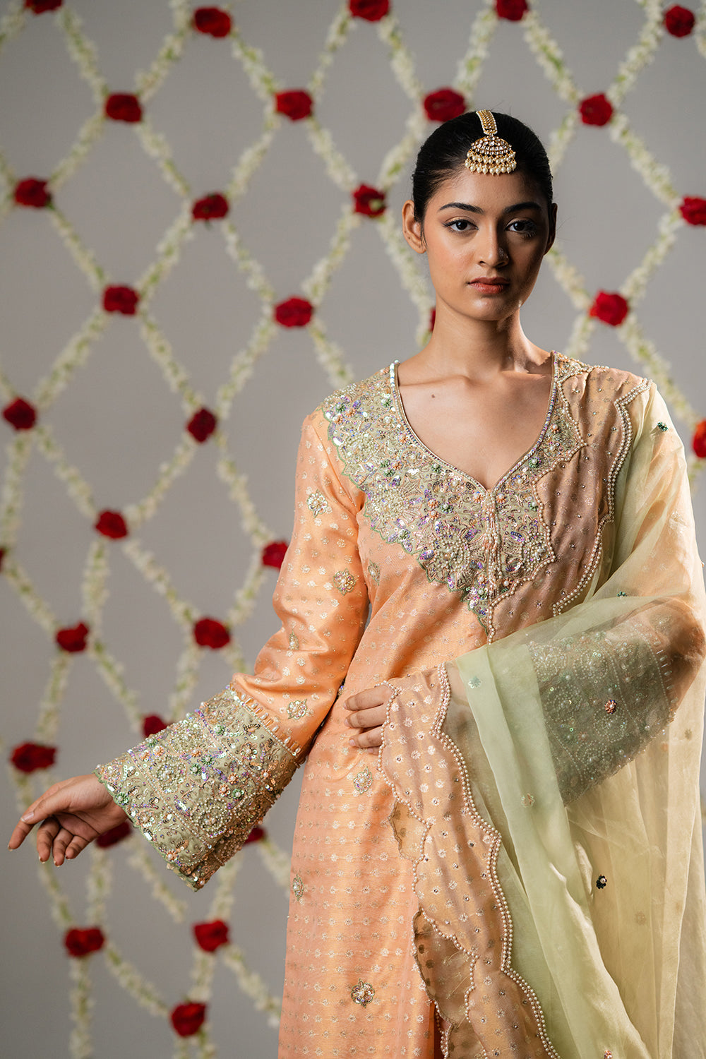 Peach Melon Booti Tissue Gharara Set