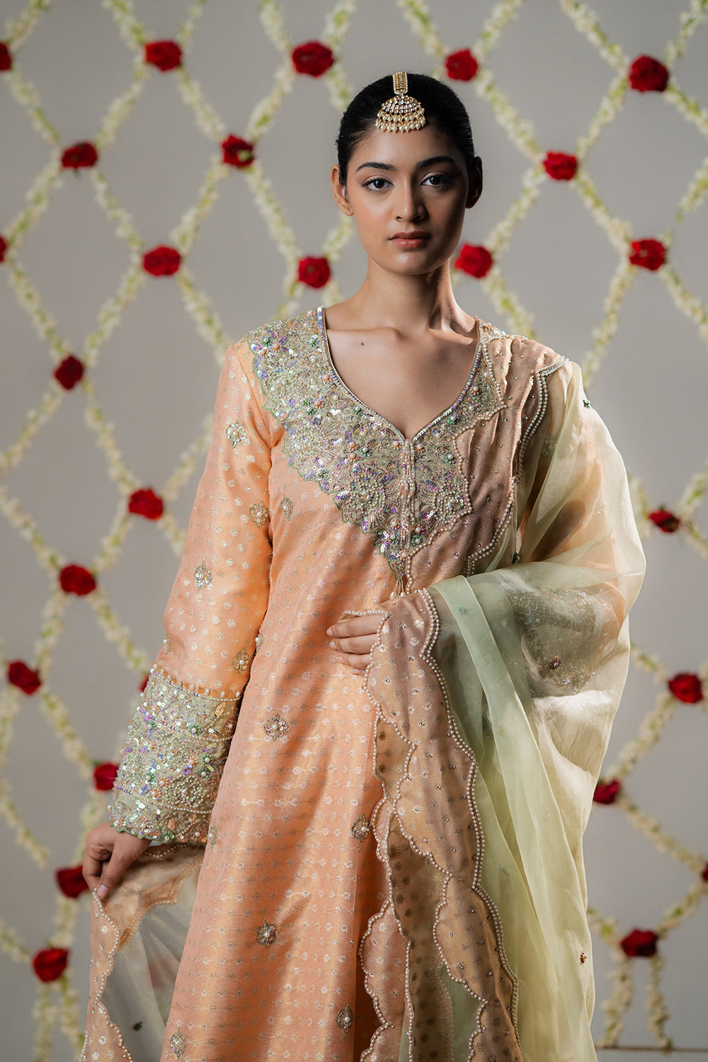 Peach Melon Booti Tissue Gharara Set
