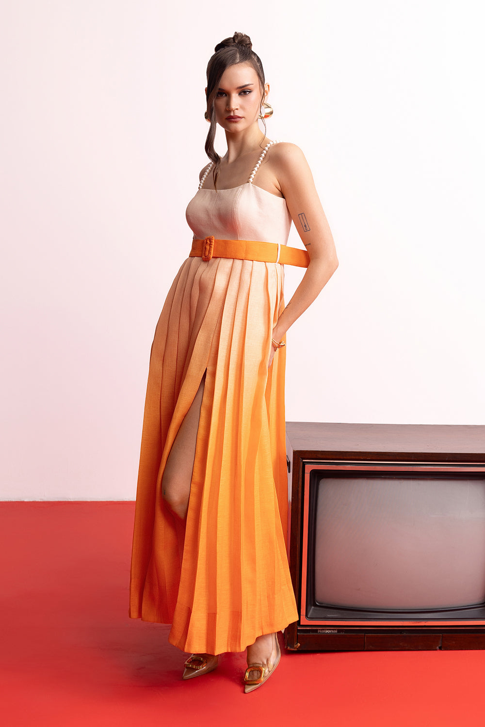 Peach Orange Ombre Pleated Maxi Dress