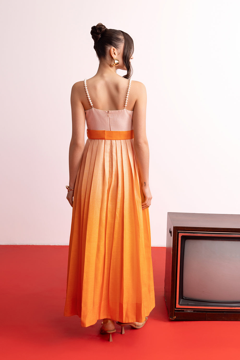 Peach Orange Ombre Pleated Maxi Dress