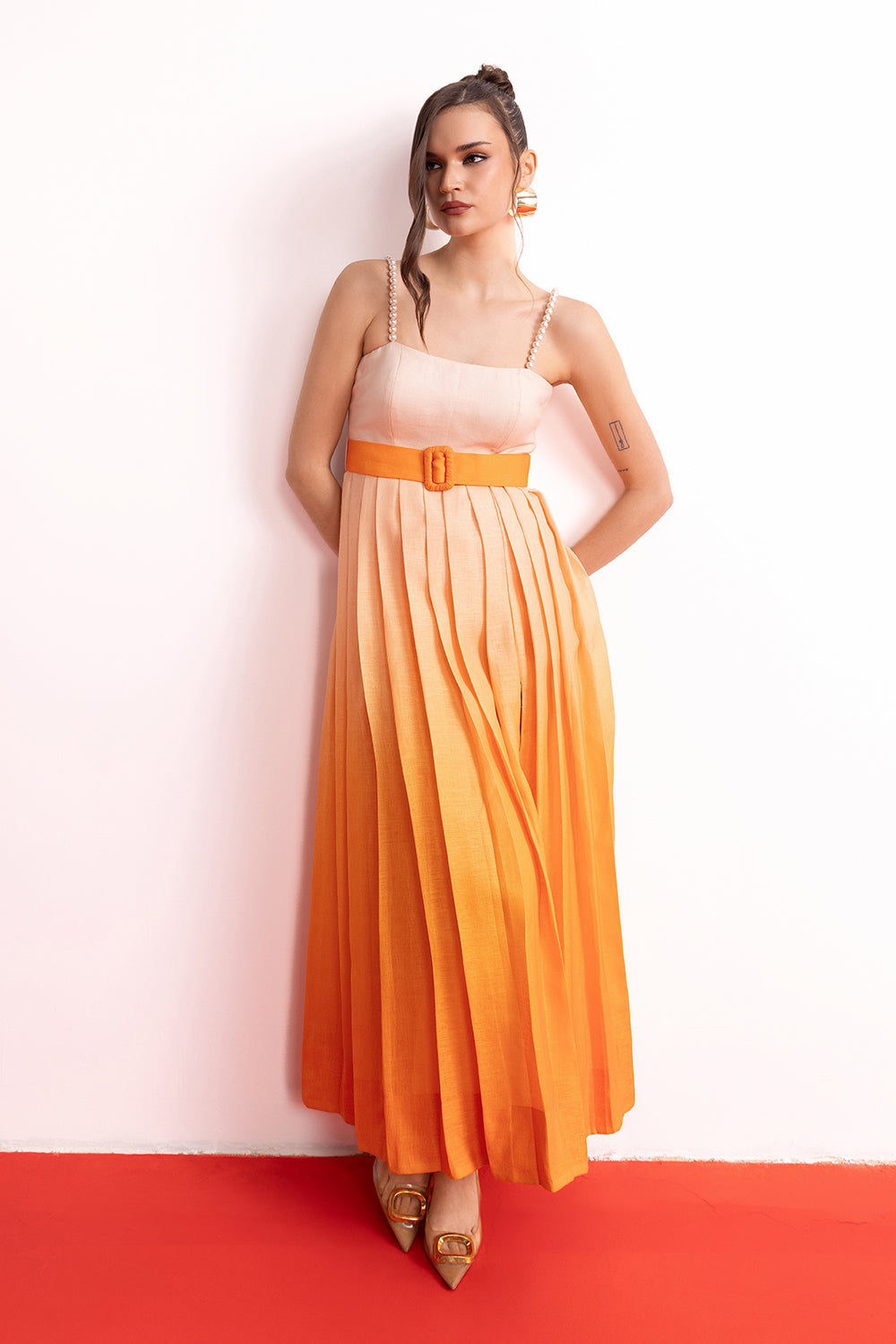 Peach Orange Ombre Pleated Maxi Dress
