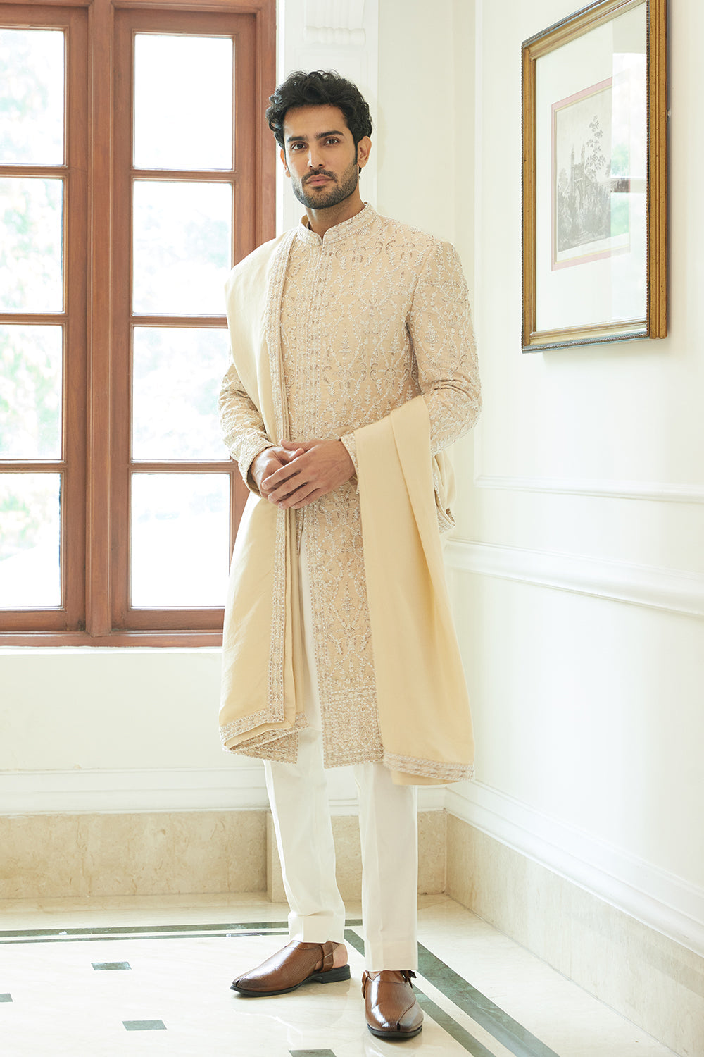 Peach  Sherwani Kurta Trouser Set