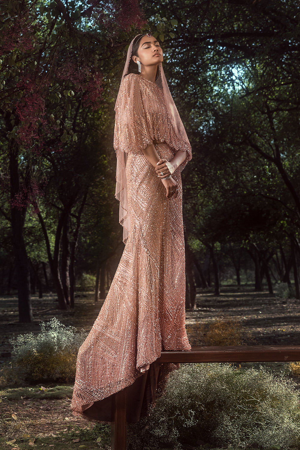 Peach Skirt With Cape,Butsier And Veil