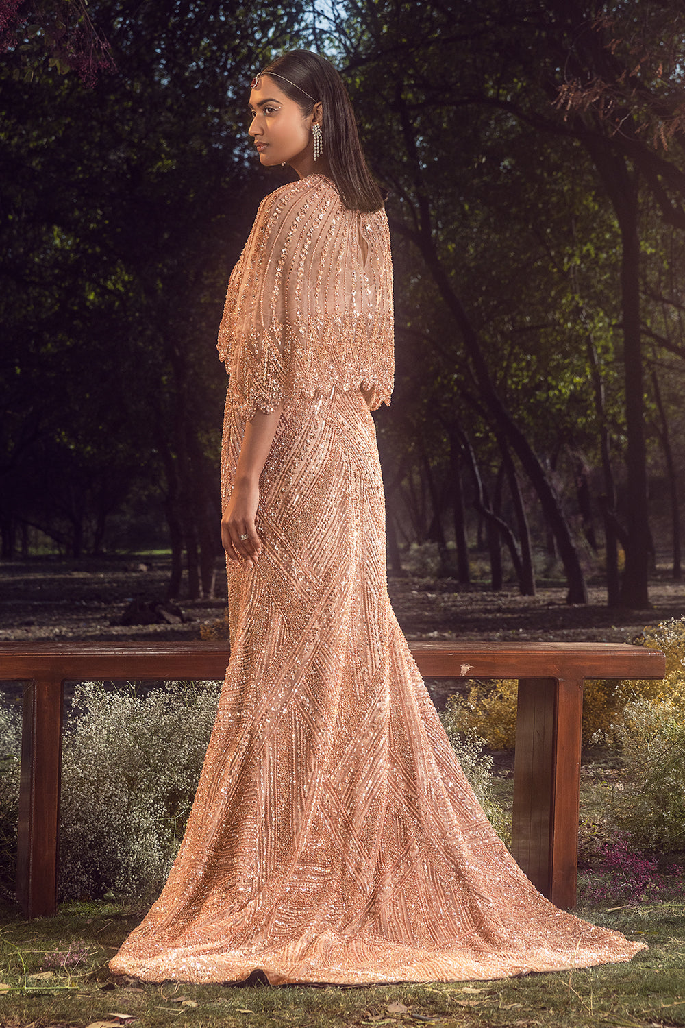 Peach Skirt With Cape,Butsier And Veil
