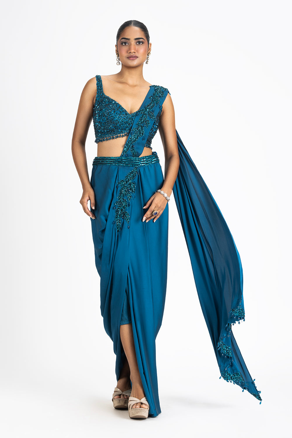 Peacock Blue Satin Draped Saree