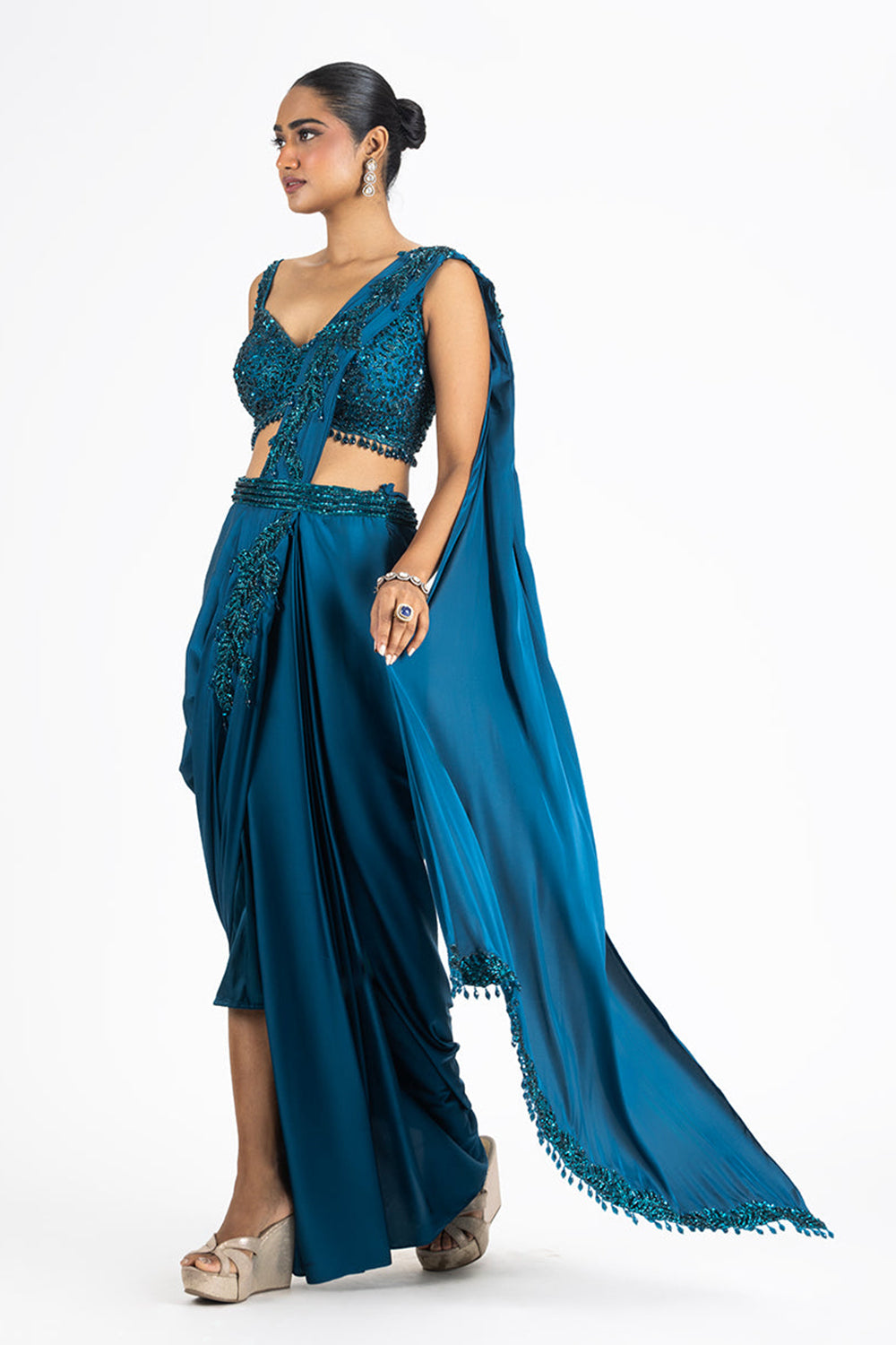 Peacock Blue Satin Draped Saree