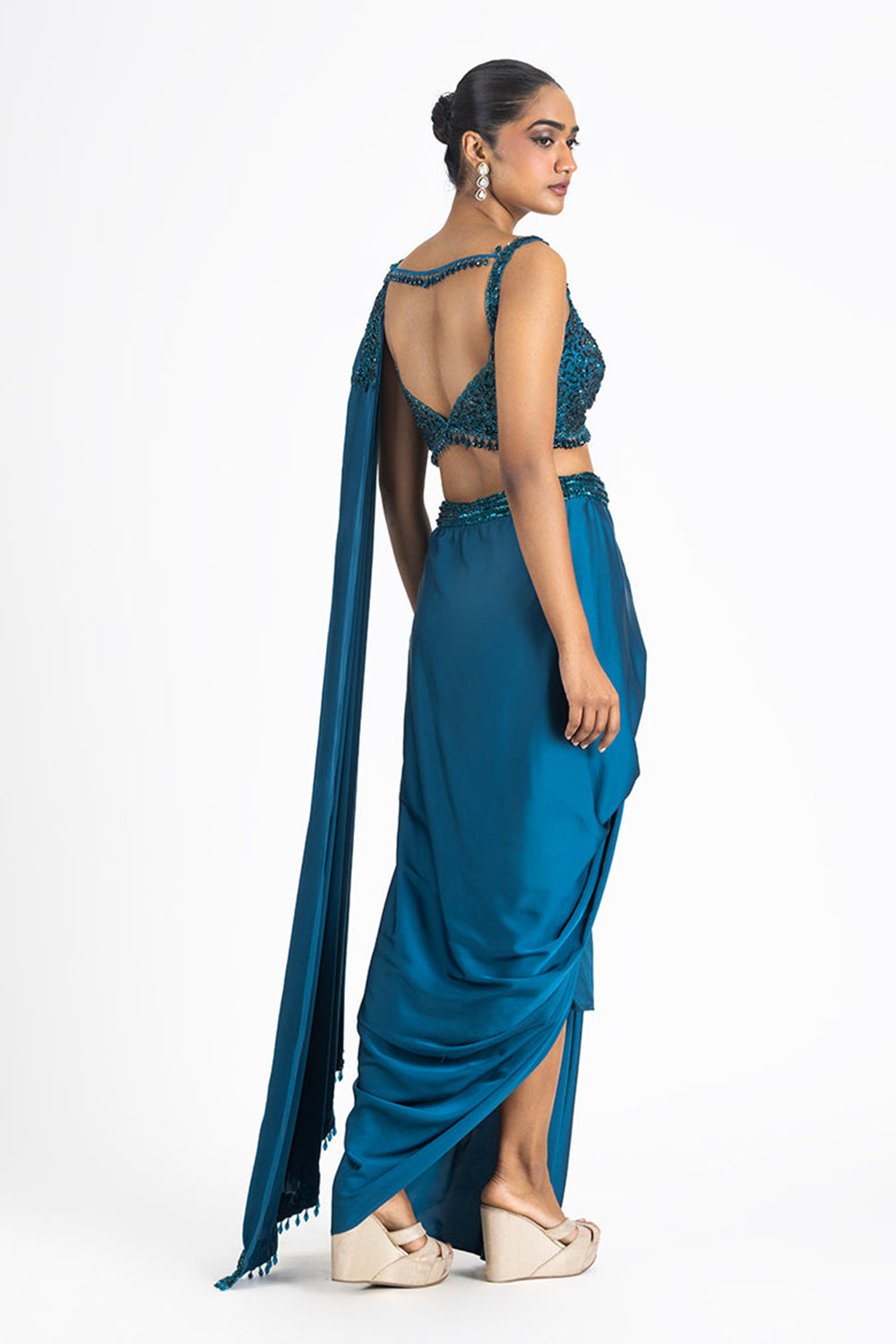 Peacock Blue Satin Draped Saree