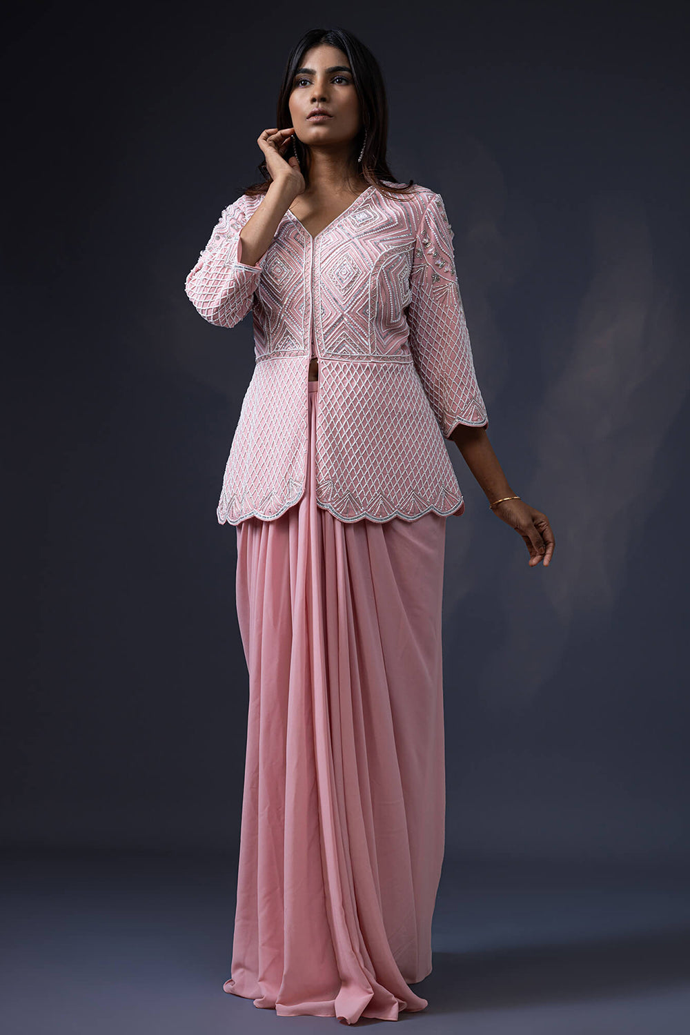 Pearl Embroidered Jacket with Drape Skirt