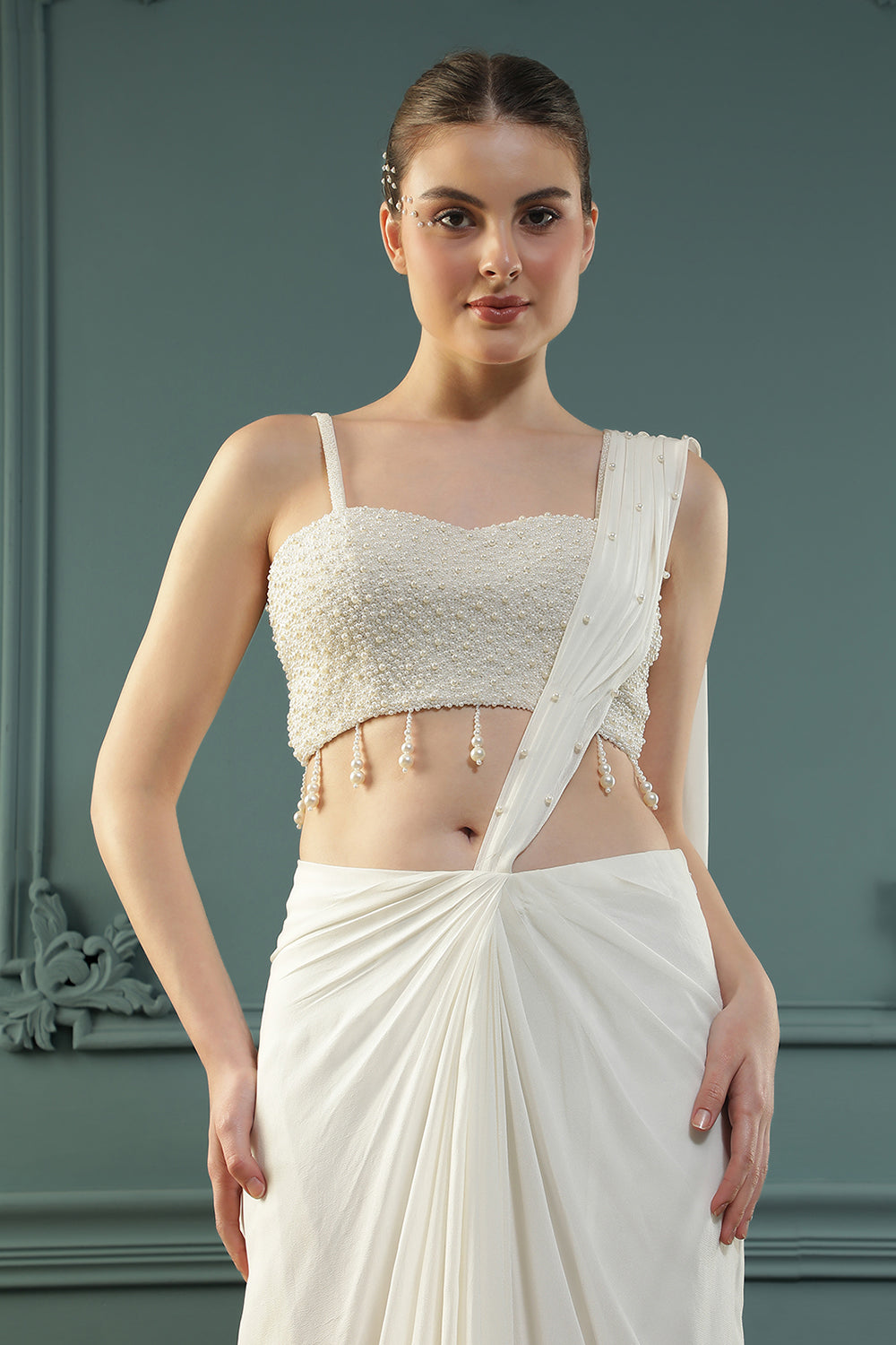 Pearl White Pre-Drape Saree