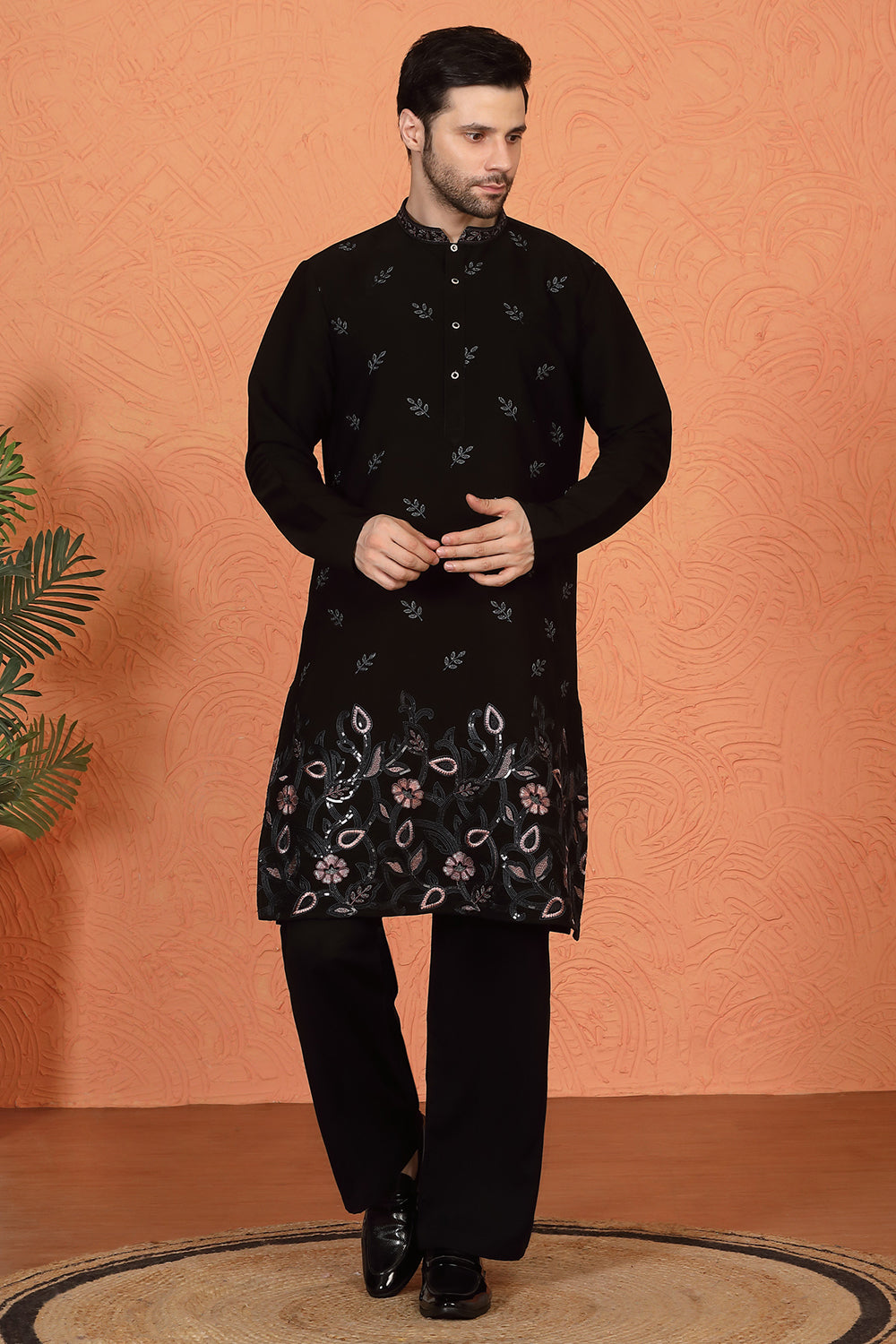 Phool Buta  Patti Embroidered Kurta with Loose Fit Parallel Matching  Pants