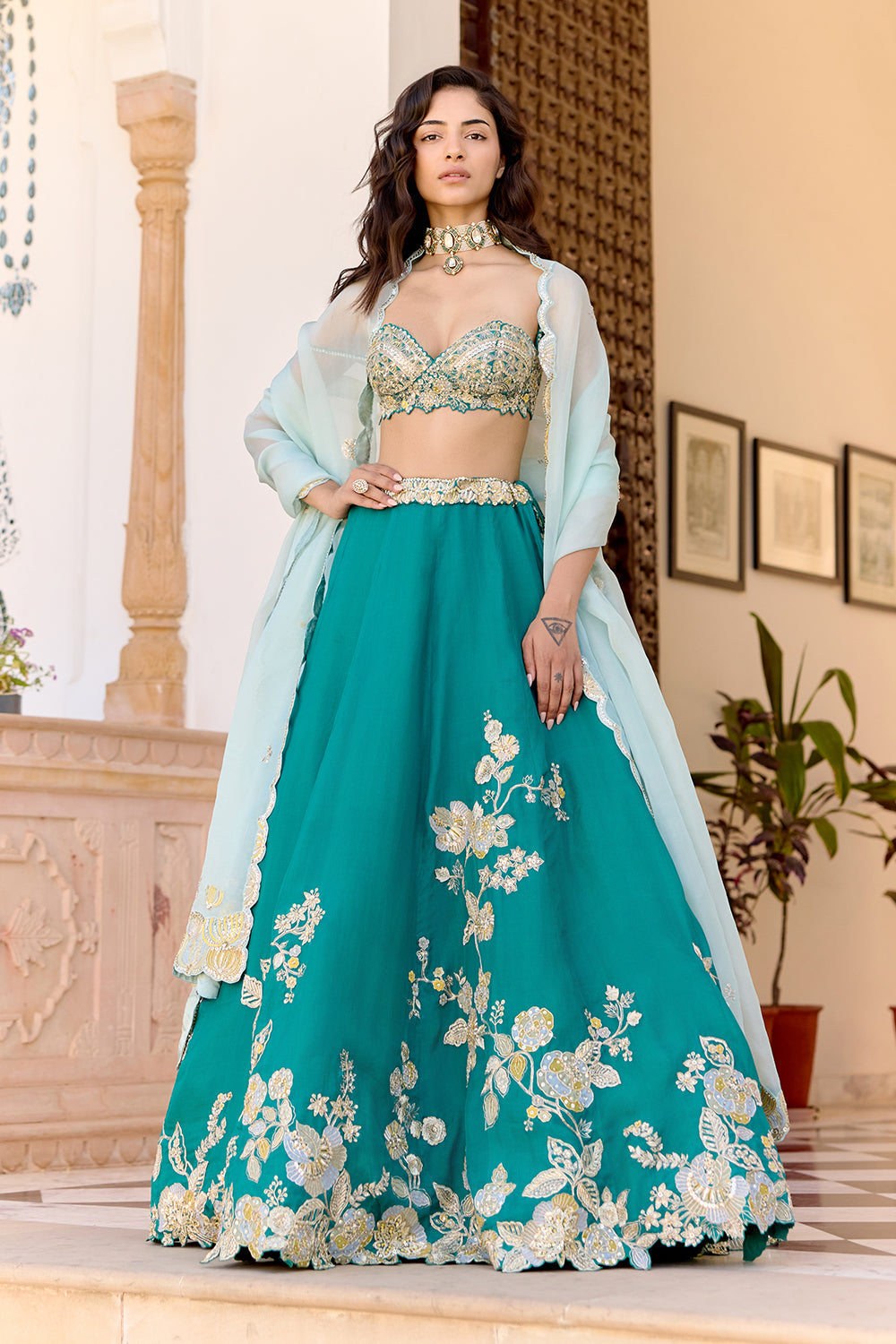 Pine Green Jaal Embroidered Lehenga Set