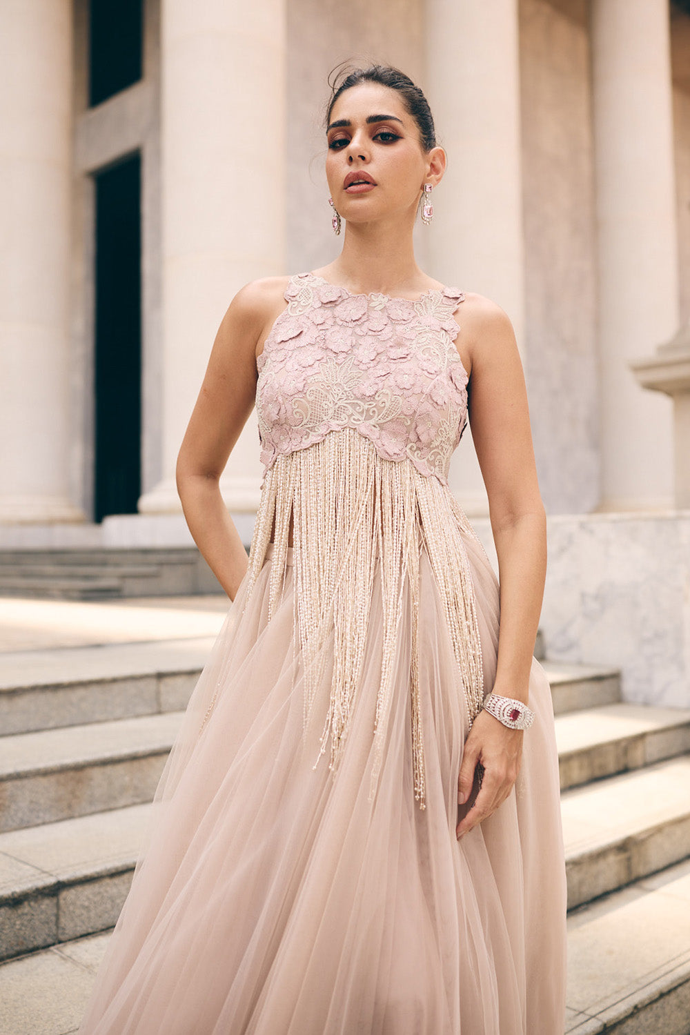 Pink 3D Tassel Top Skirt Set