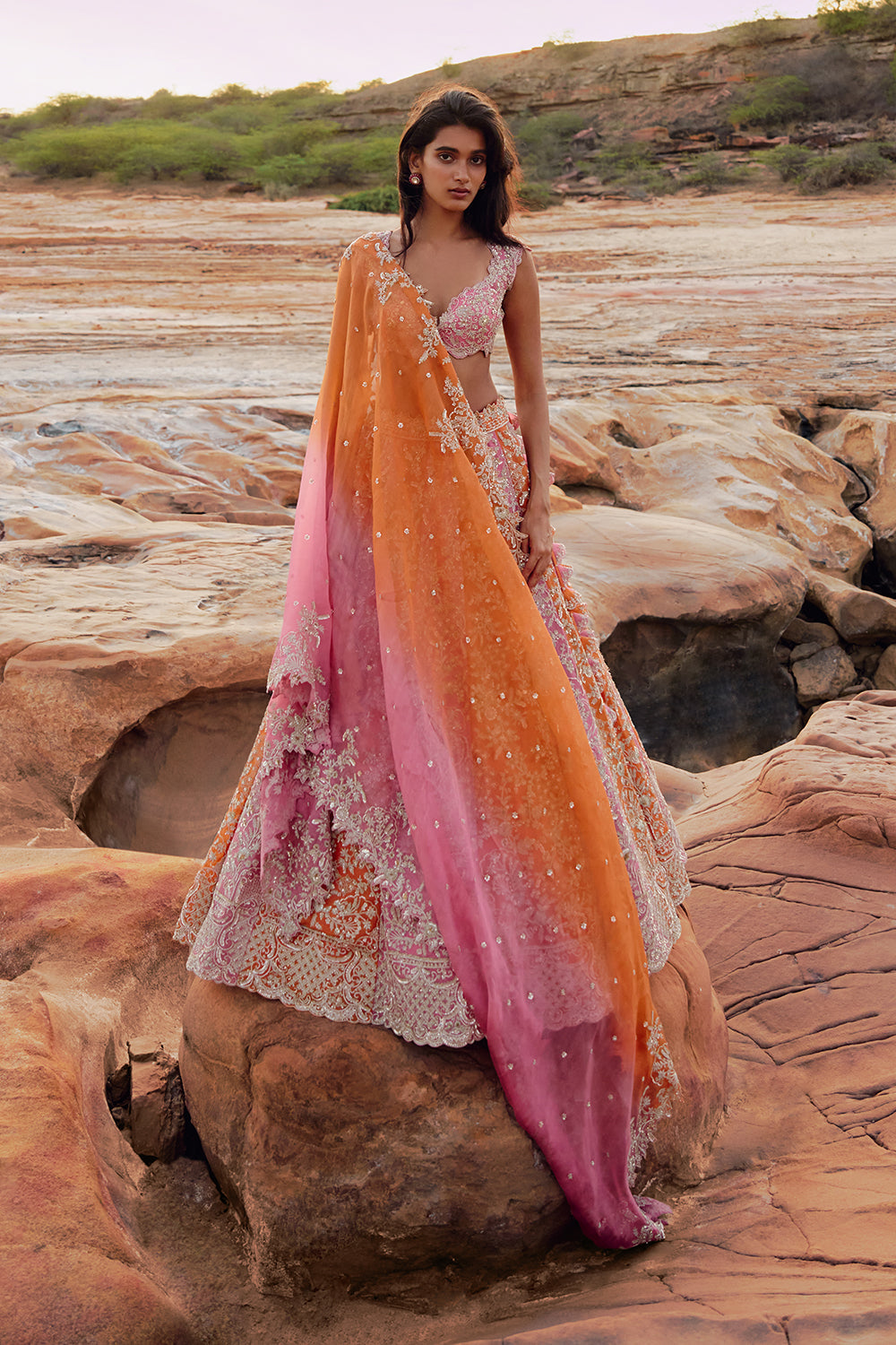 Pink And Orange Vajra Lehenga Set