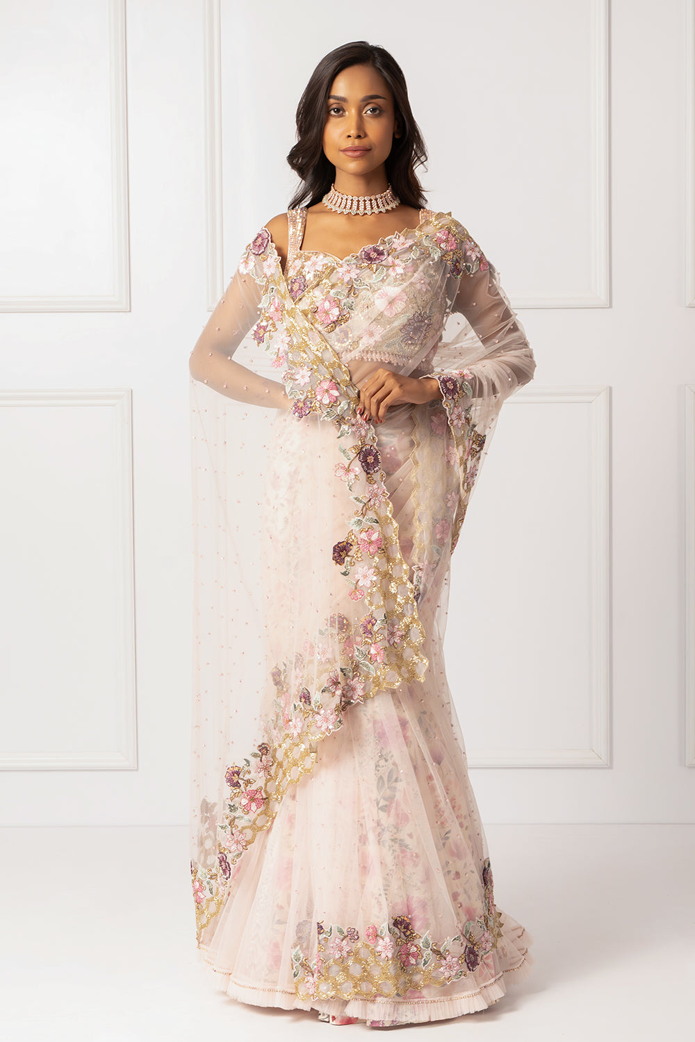 Pink embroidered drape saree set