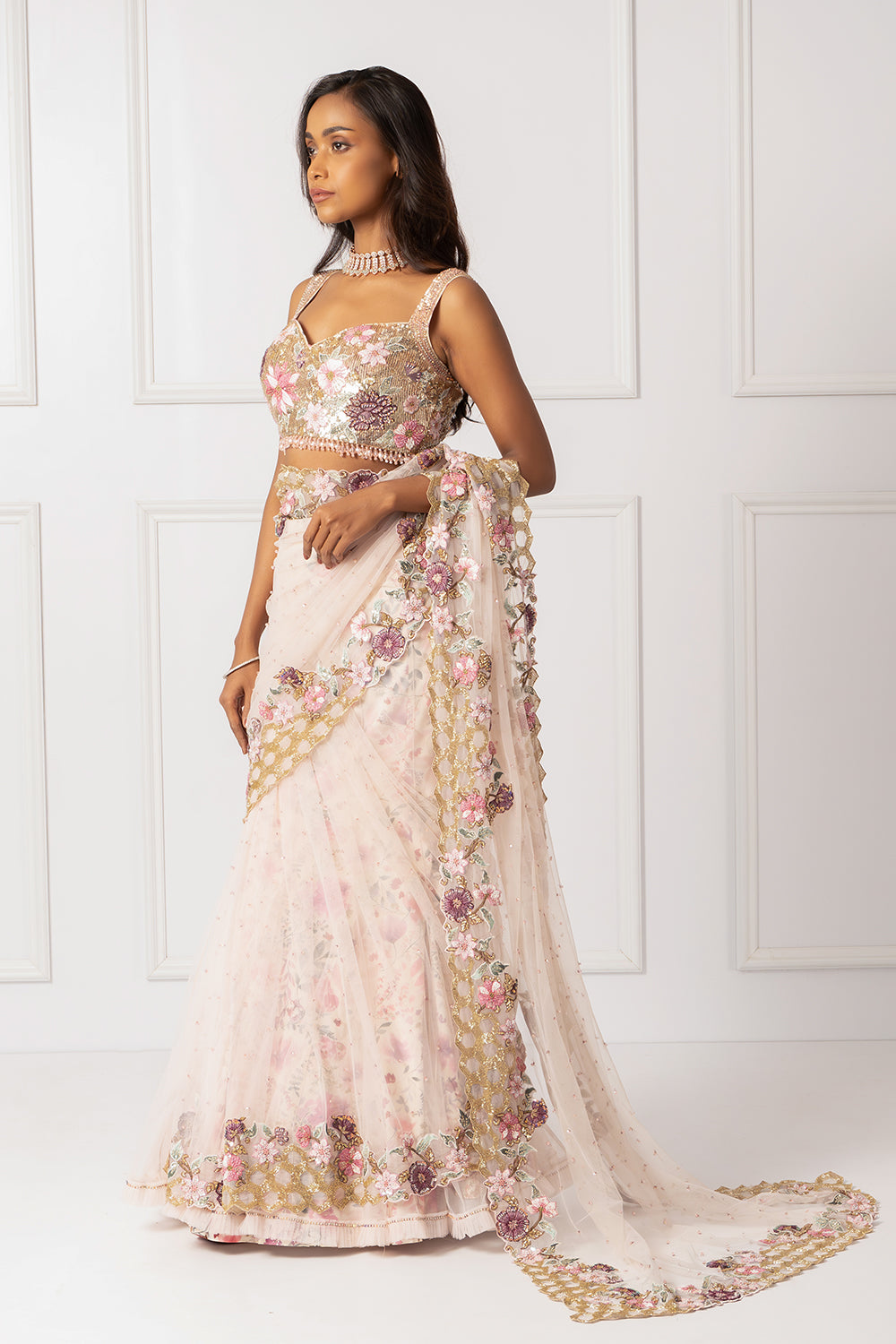 Pink embroidered drape saree set